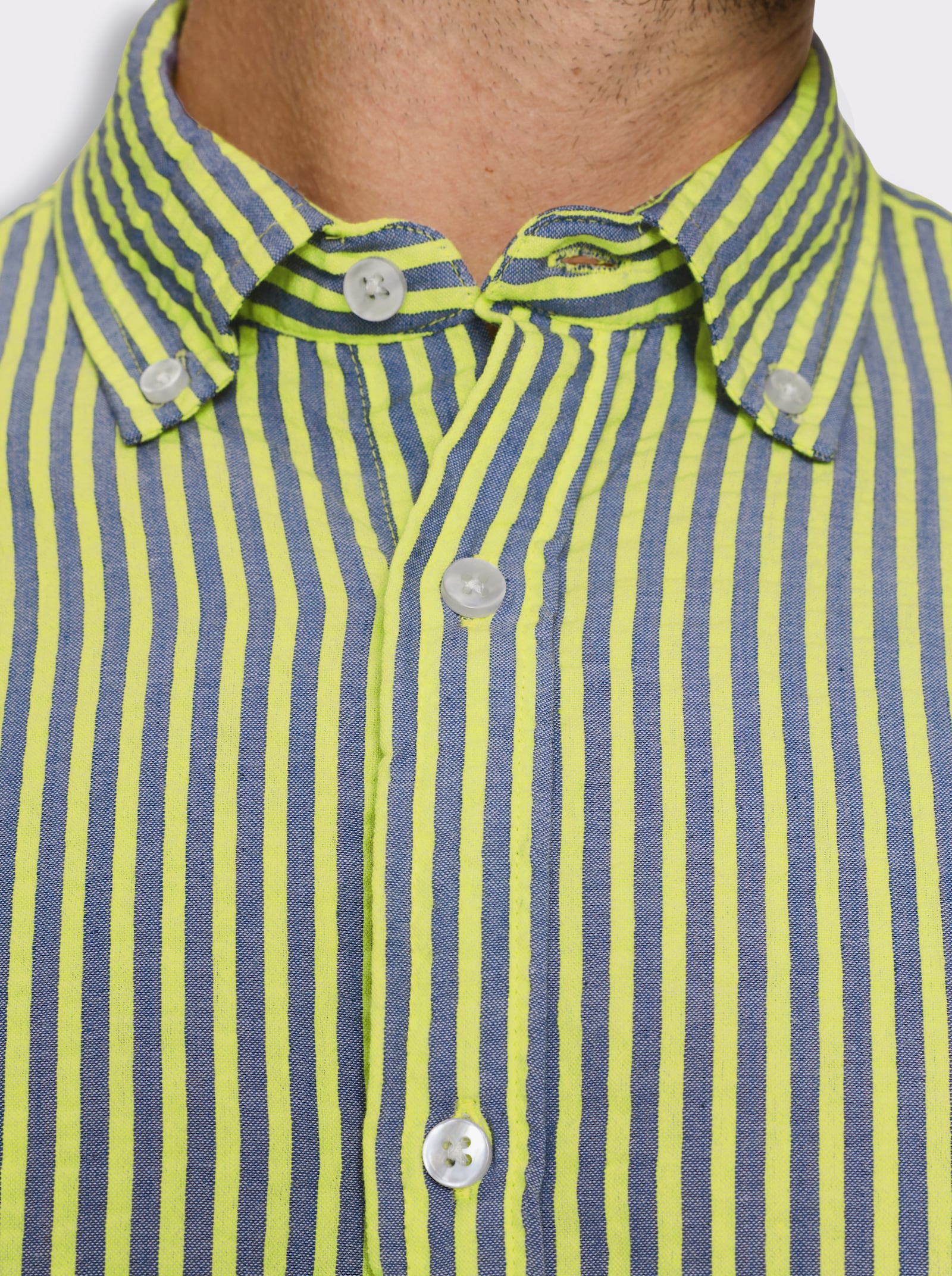 Marco Donati Kurzarmhemd aus Baumwoll-Seersucker - jeansblau-limone-gestreift