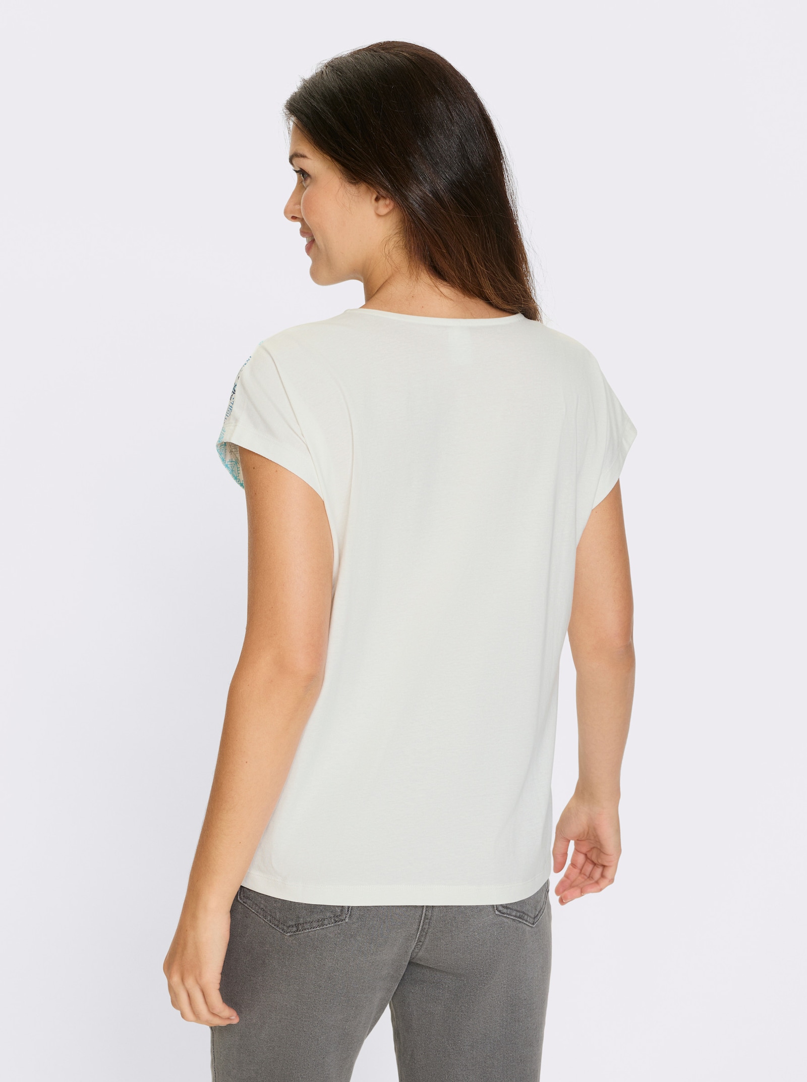 Shirt met korte mouwen en op dessin geplaatste etnoprint - ecru/donkerblauw