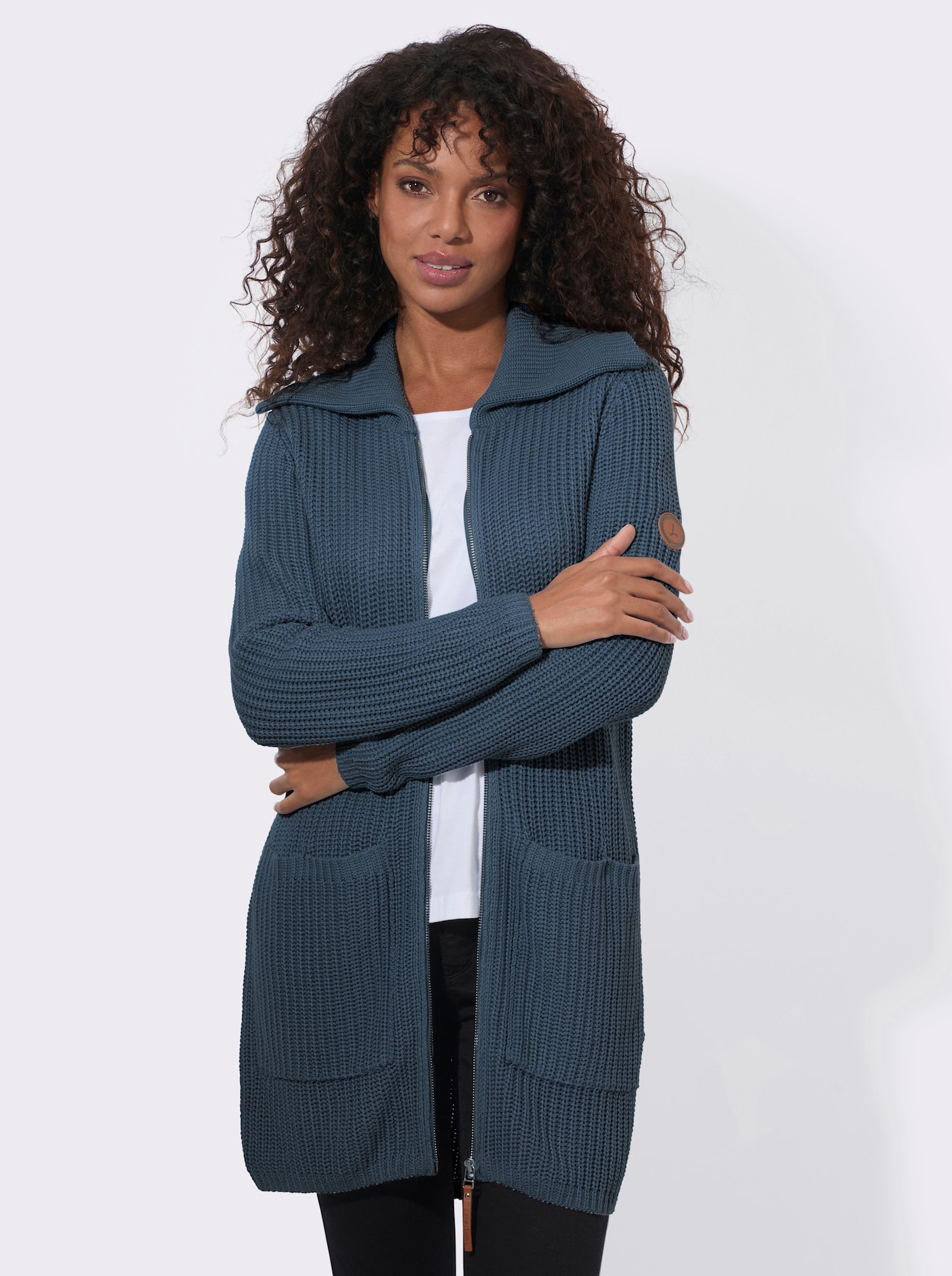 Longstrickjacke mit Umlegekragen - rauchblau