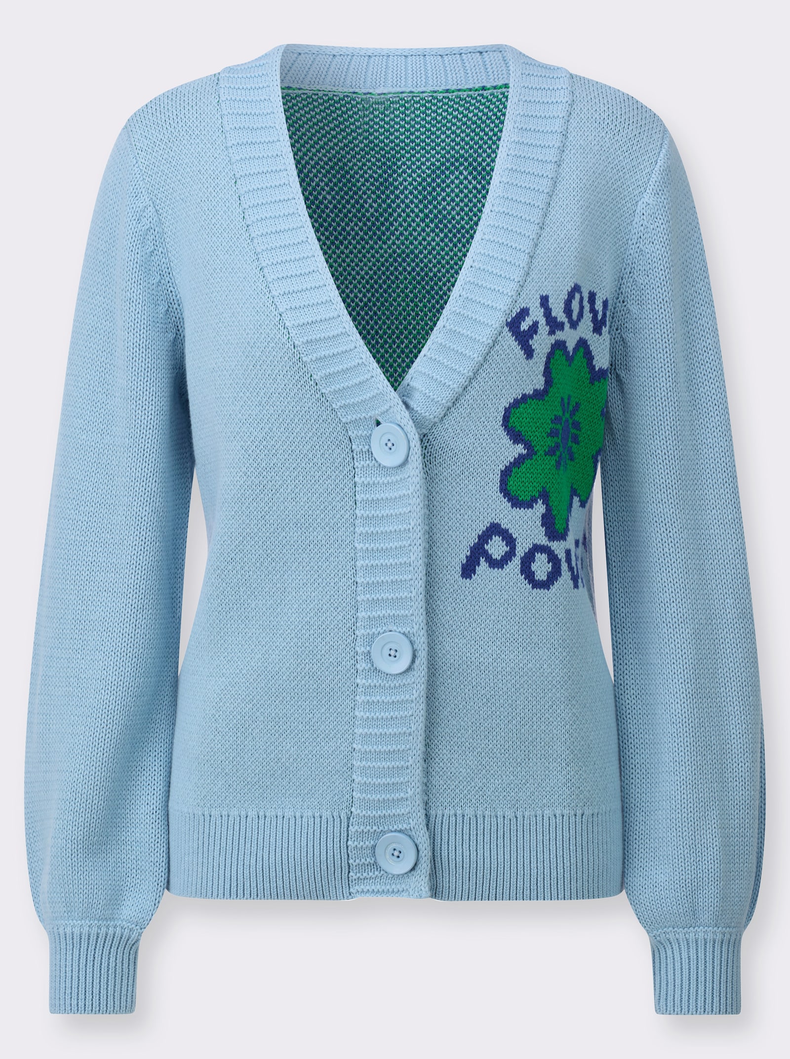Strickjacke mit Flower Power-Motiv - eisblau