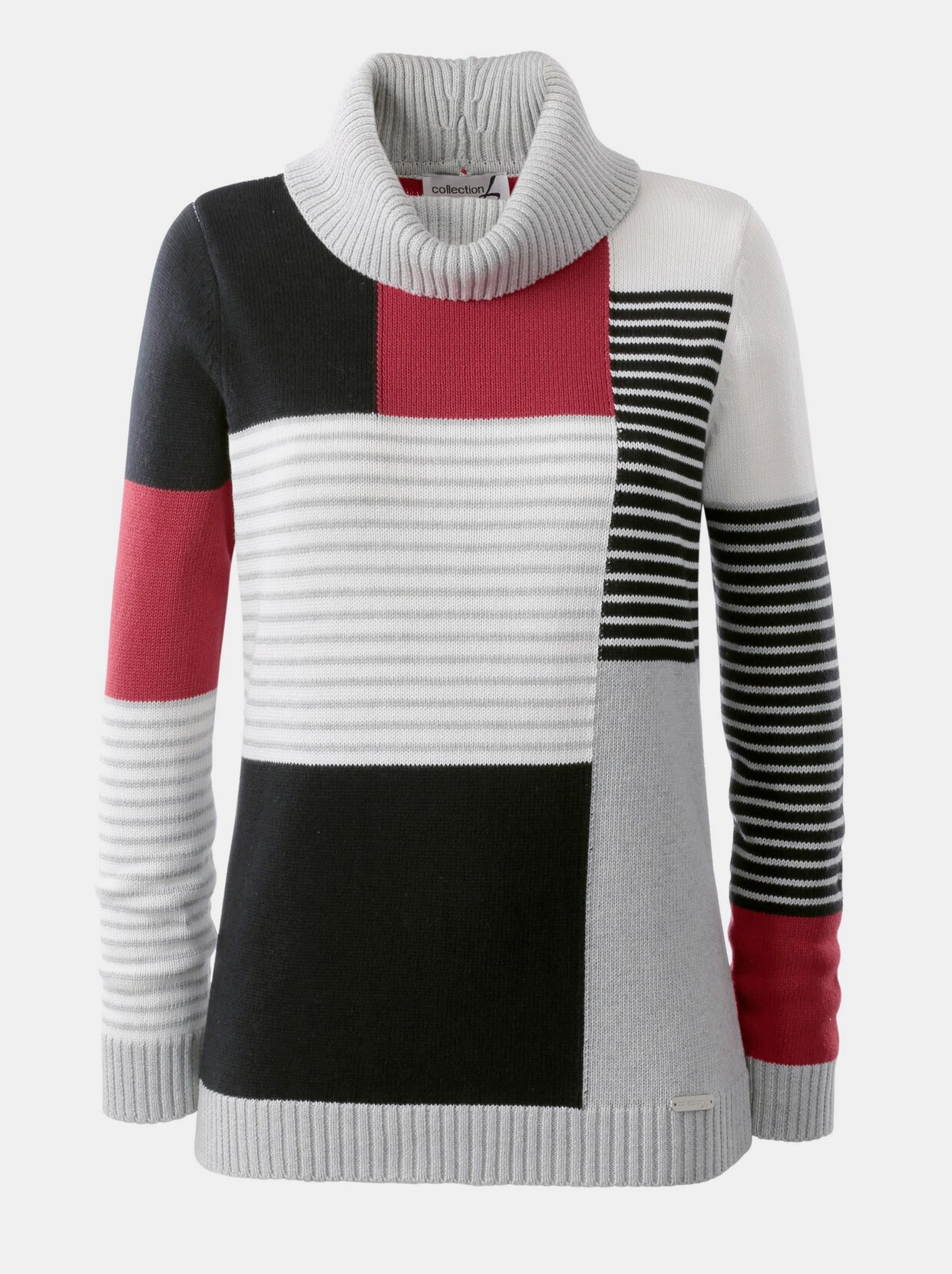 Rollkragenpullover - ecru-rot-gemustert