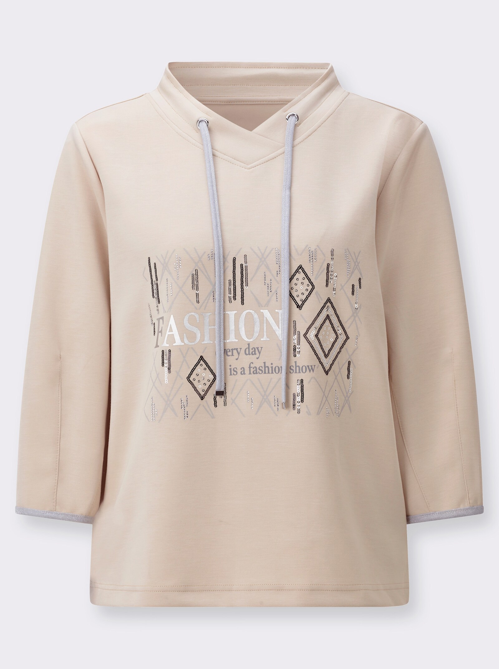 Sweatshirt mit glänzendem Folien-Druck - elfenbein-silberfarben-bedruckt