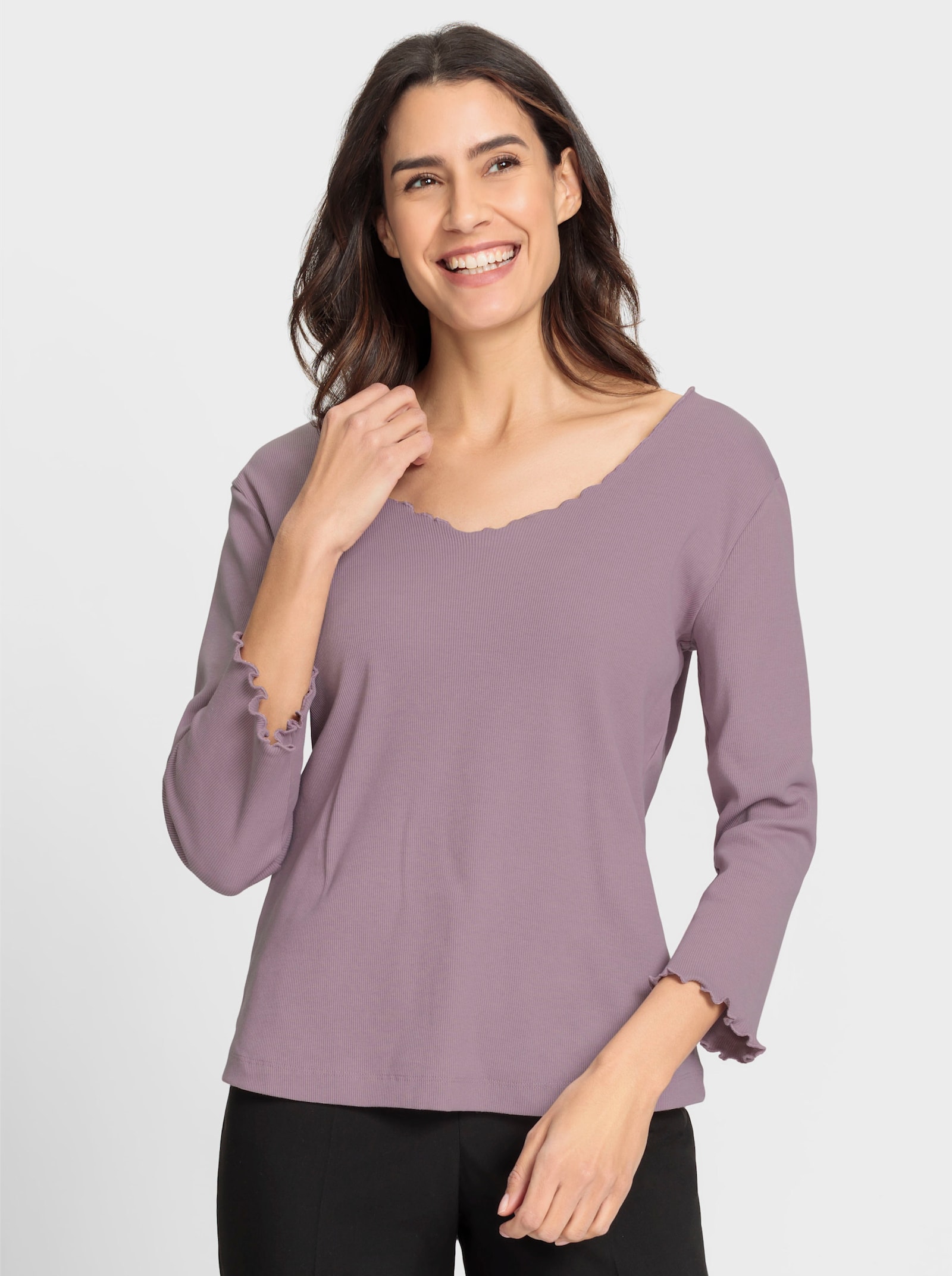 Shirt met golvende zoom bij de V-hals en aan de mouwen - mauve