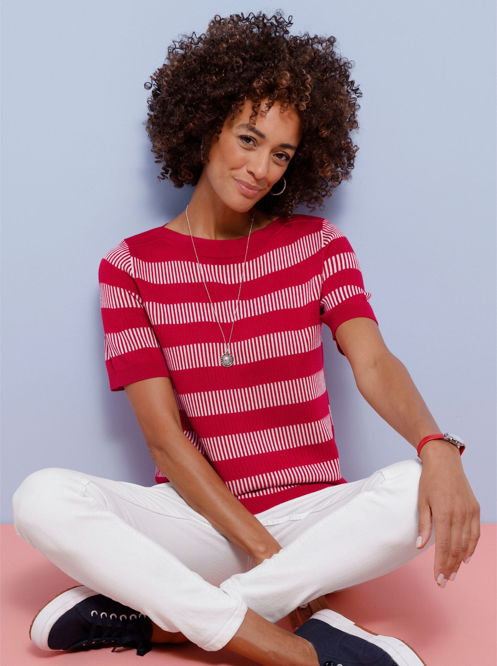 Pulóver s krát. ruk., žakár - Vzor: červená – prírodný hodváb