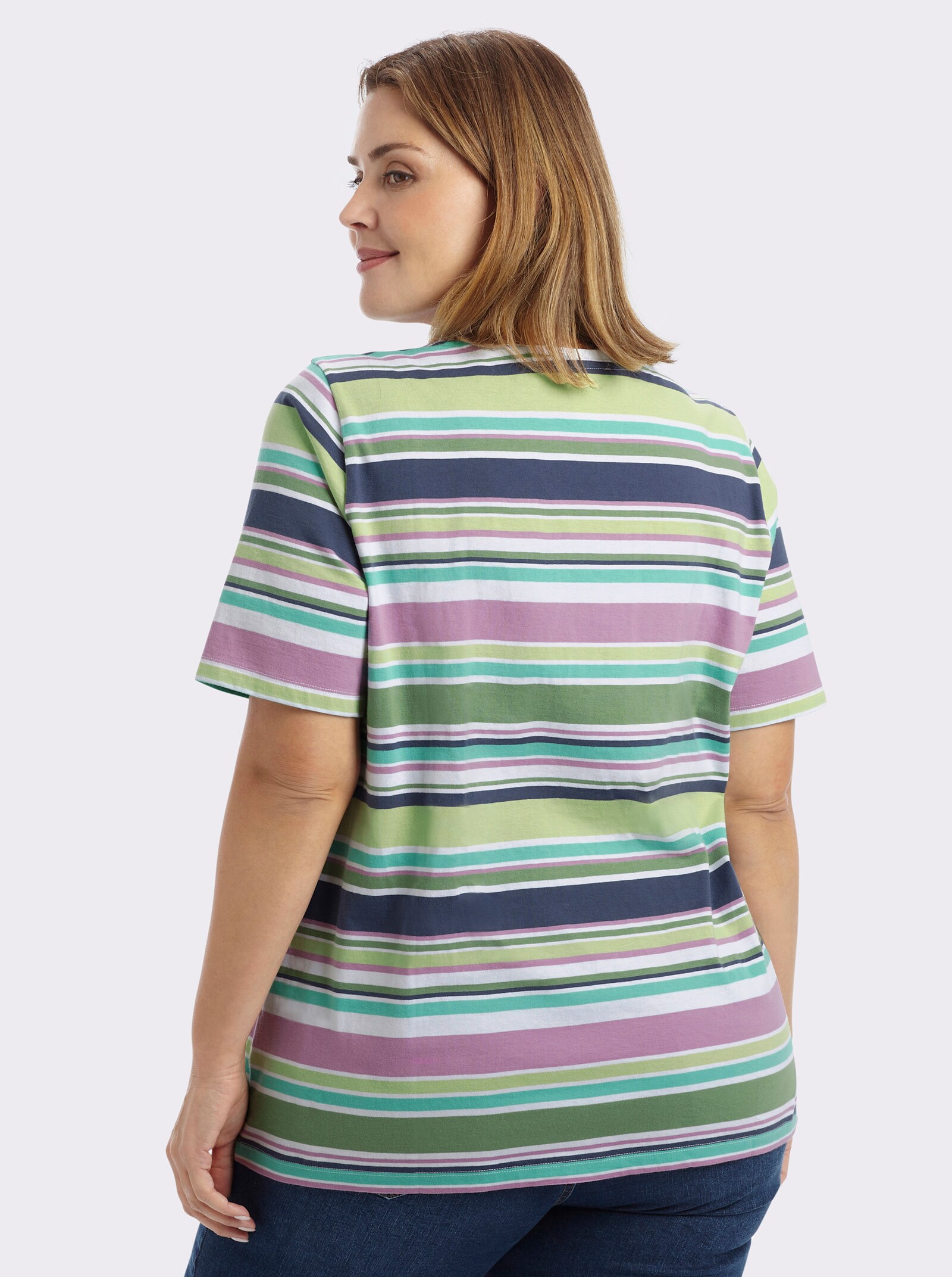 sheego Streepjesshirt met afkledende V-hals - wit/orchidee gestreept