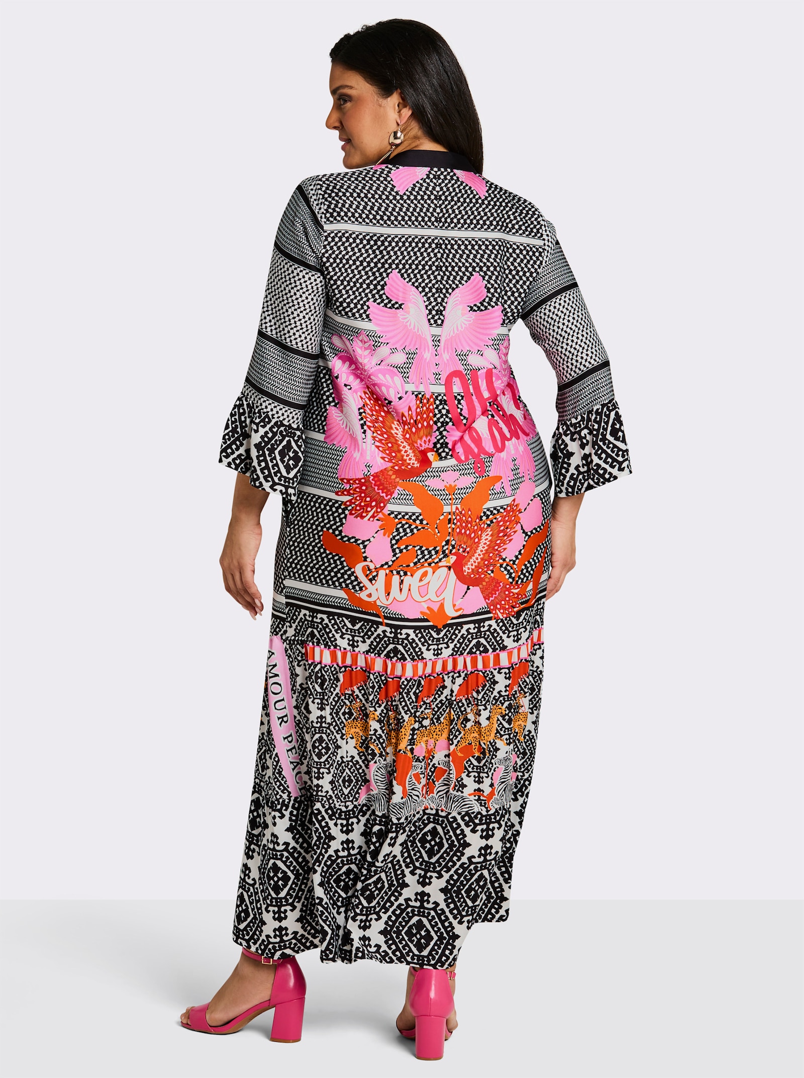 sheego loves miss goodlife Volantkleid im Mustermix - schwarz-pink-bedruckt