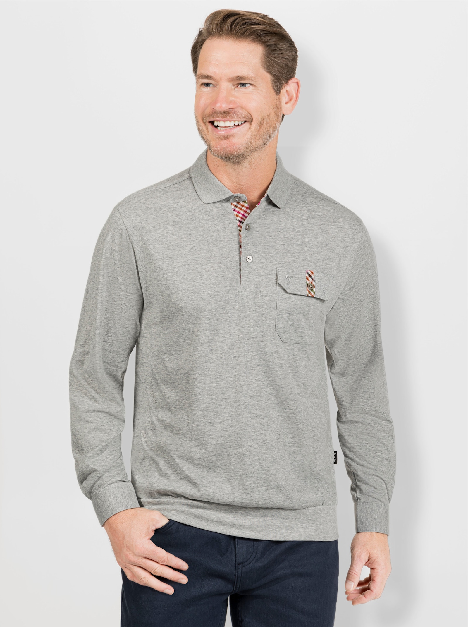 Hajo Langarm-Poloshirt - grau-meliert