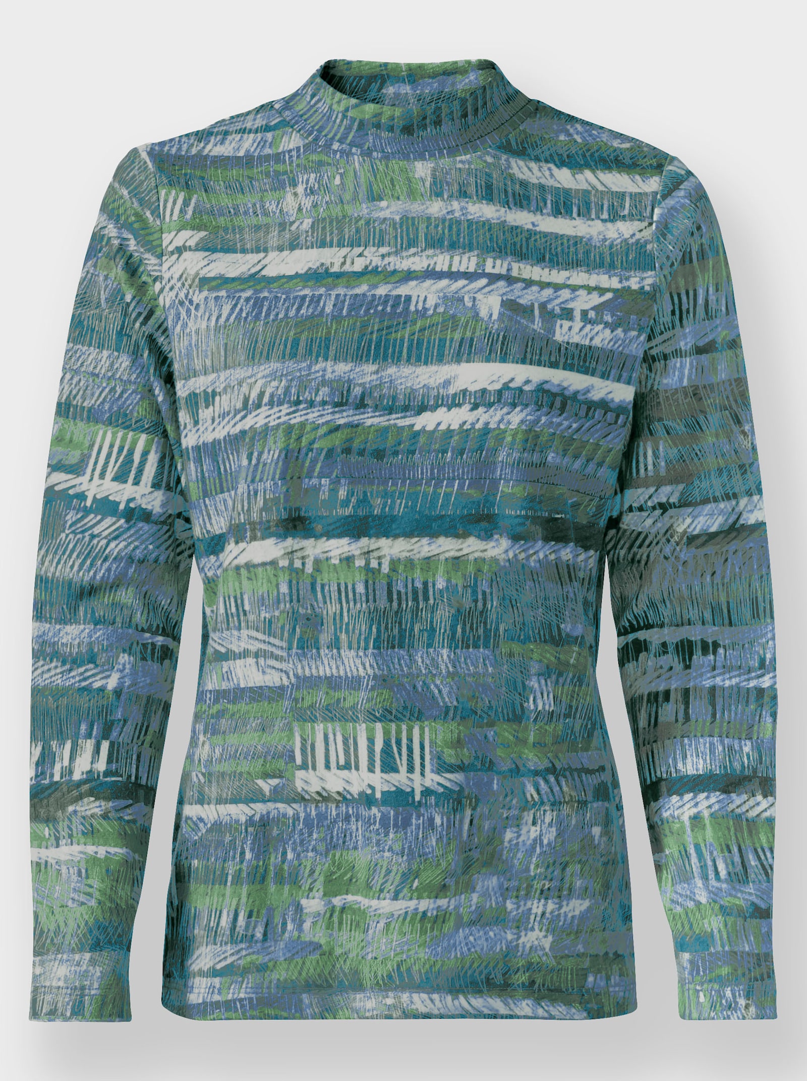 Stehkragenshirt in angerauter Qualität - jade-ecru-bedruckt