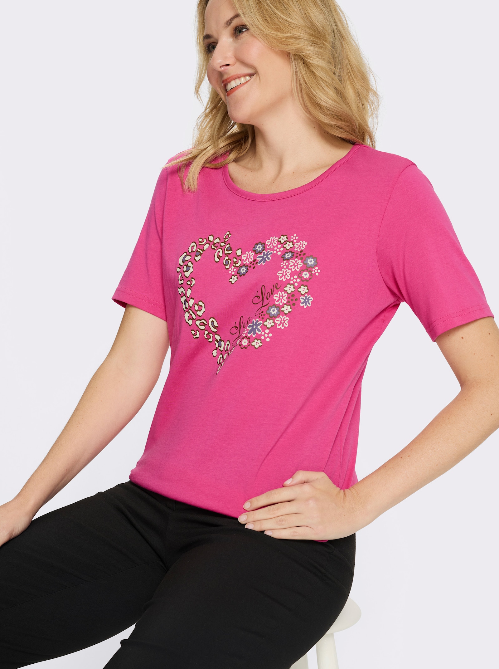 Shirt met ronde hals en hartprint - fuchsia/bruin bedrukt