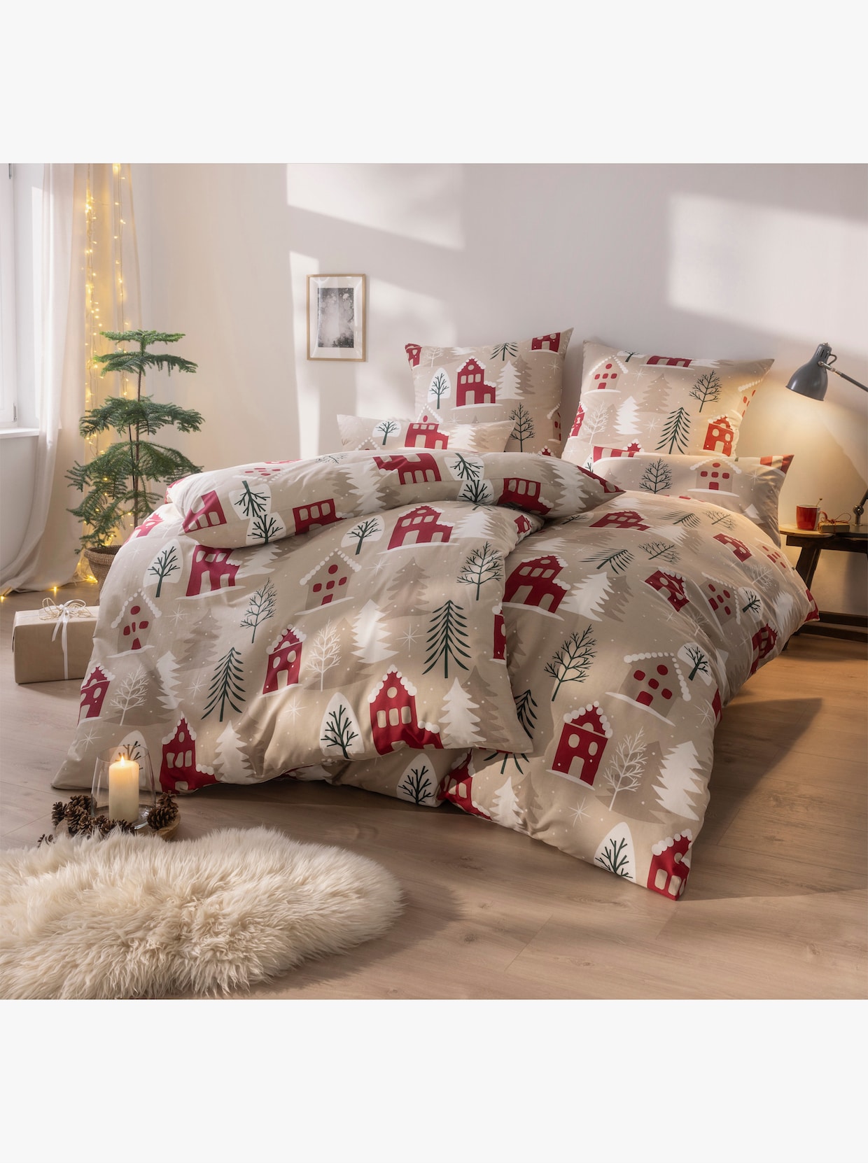 wäschepur Bettwäsche - beige-dunkelrot-bedruckt