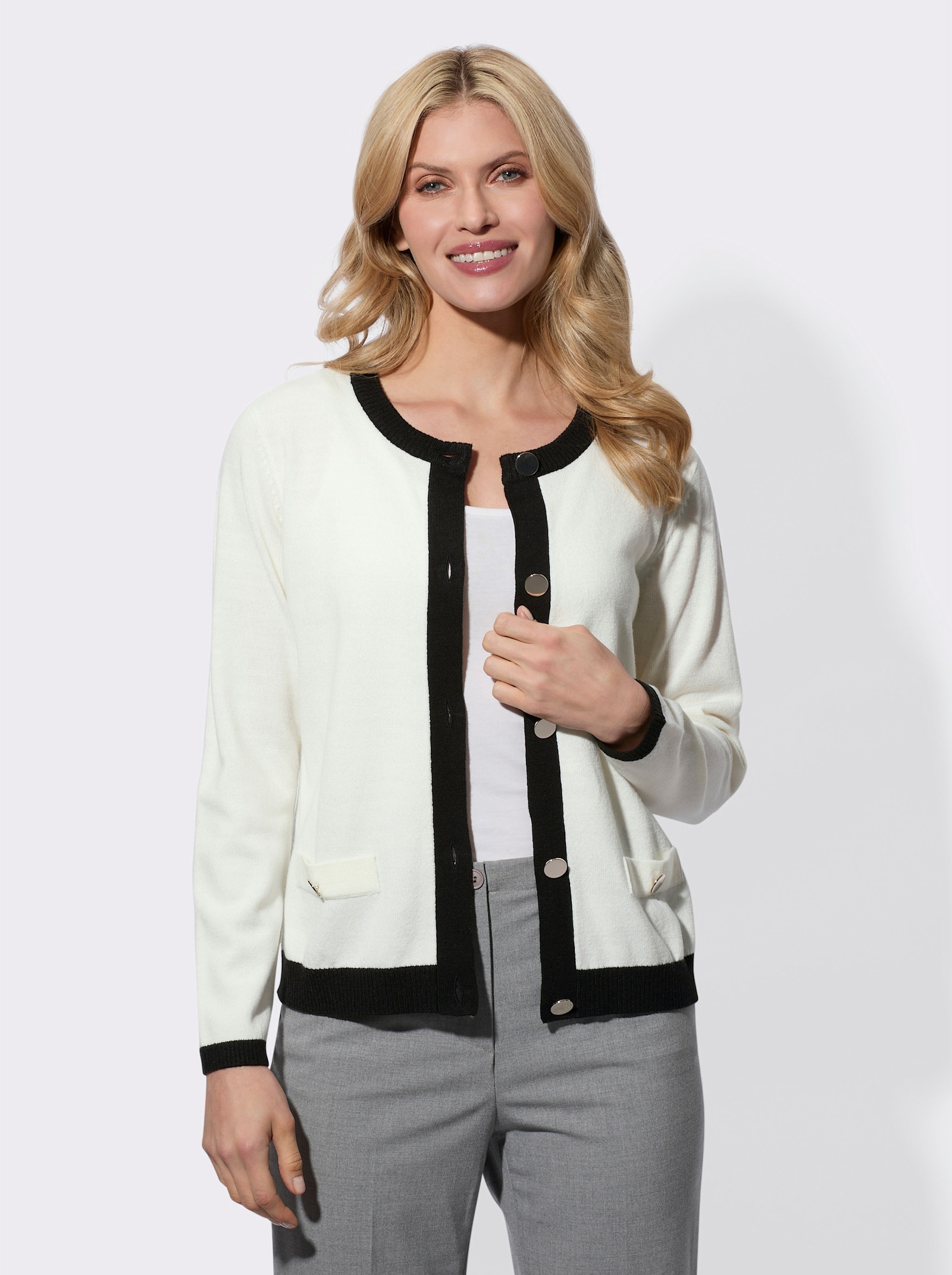 Pletený kabátek se zlatými ozdobnými knoflíky - ecru-černá