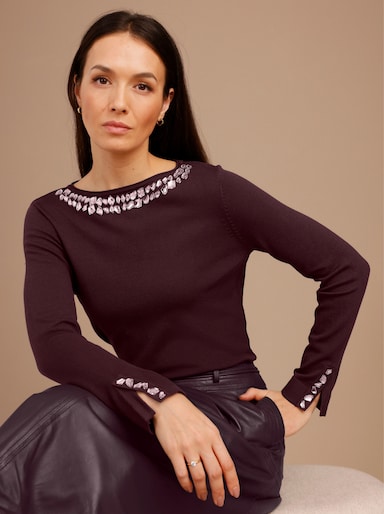 CREATION L PREMIUM Langarm-Pullover mit Strass-Applikationen - burgund