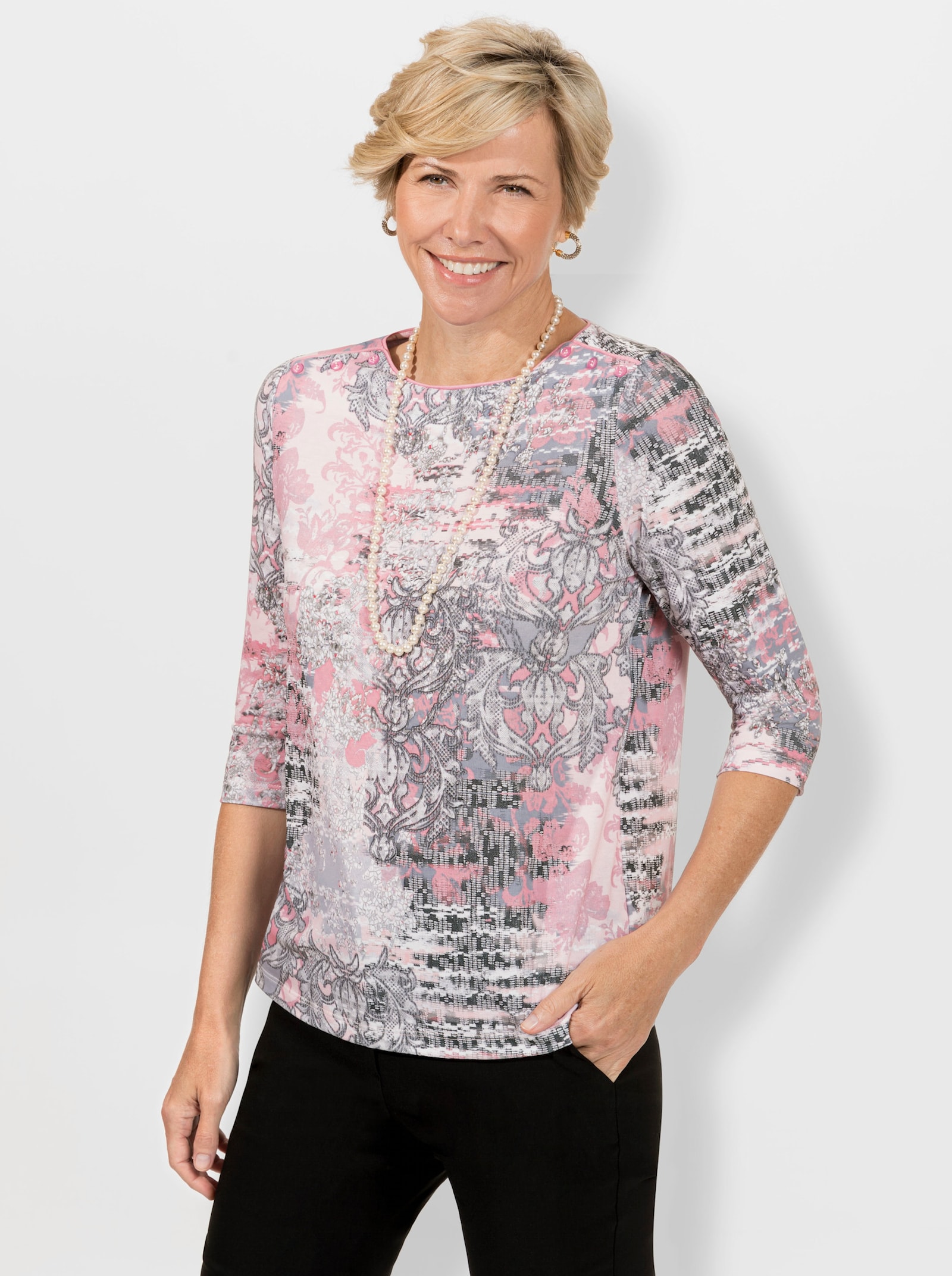 3/4-Arm-Shirt mit 3 Zierknöpfen - hortensie-steingrau-bedruckt