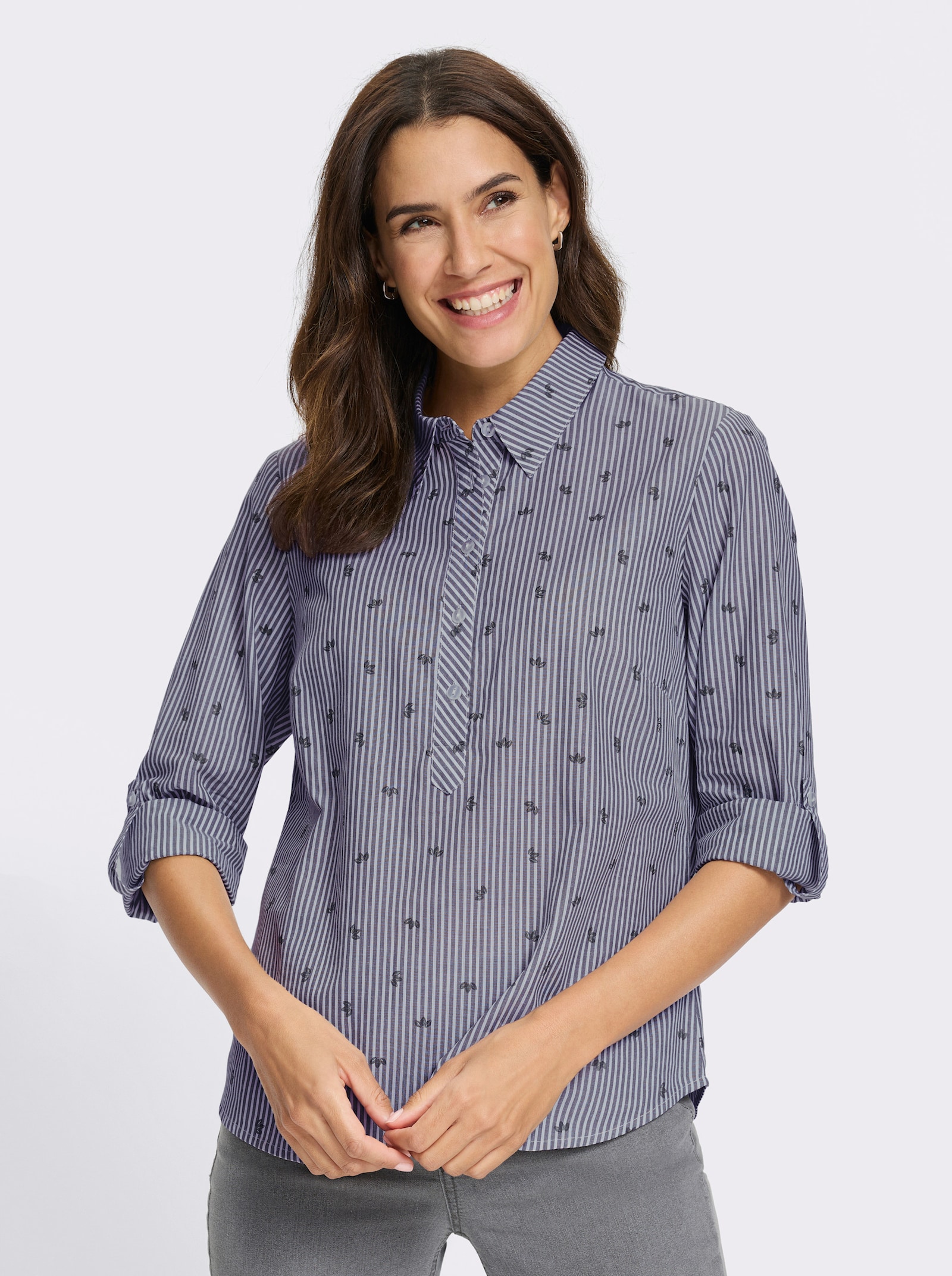 Baumwollbluse mit Krempel-Ärmeln - marine-gestreift