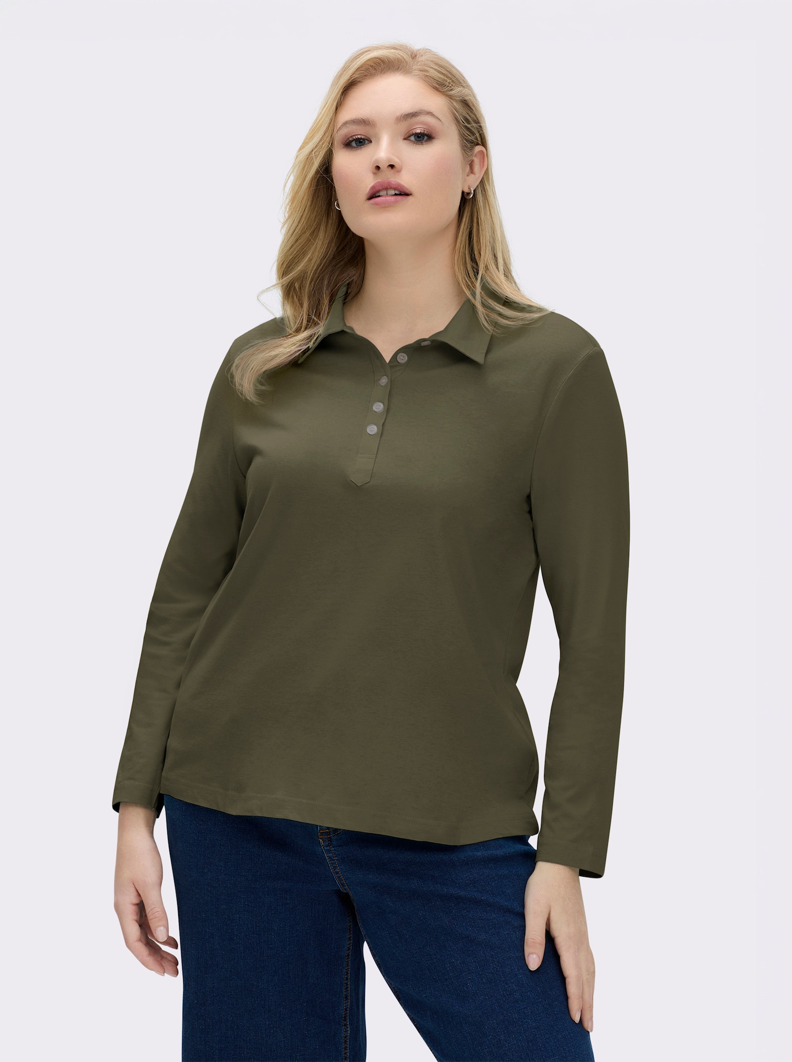 Langarm-Poloshirt in reiner Baumwoll-Qualität - oliv