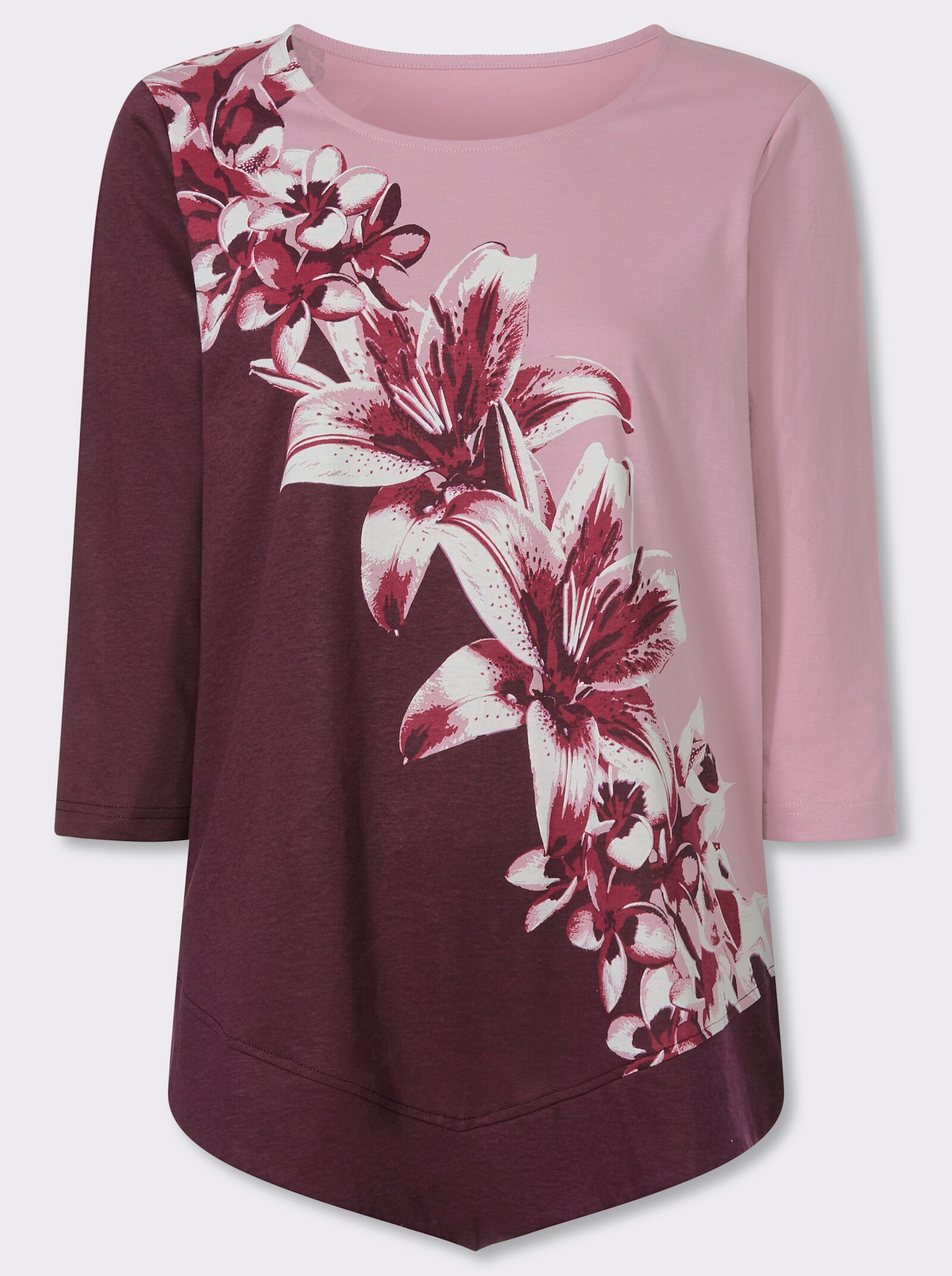 Tunikashirt mit spitz zulaufendem Saum - burgund-mauve-bedruckt