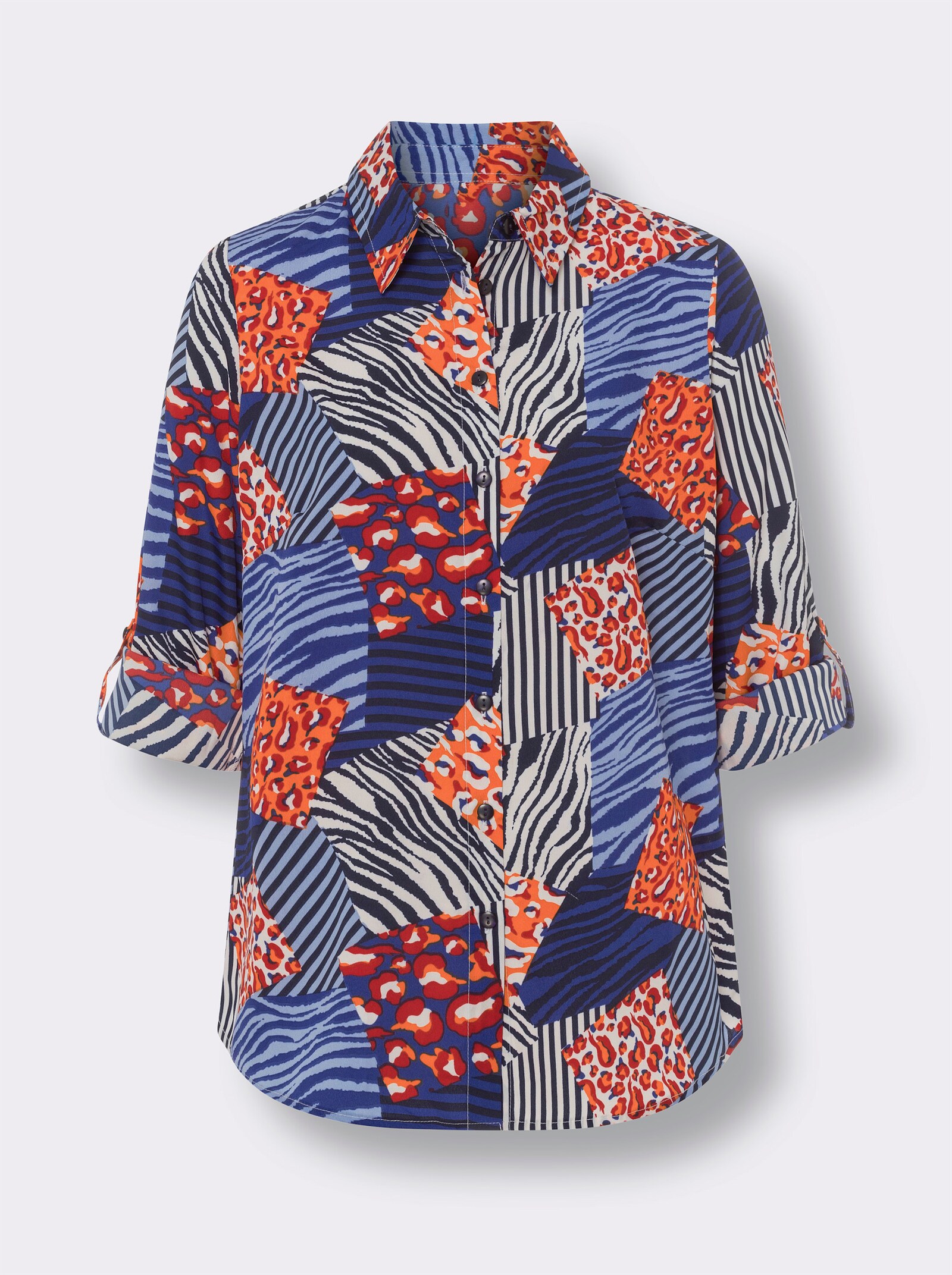 Långärmad blus i mönsterblandning - marin-ecru, med tryck