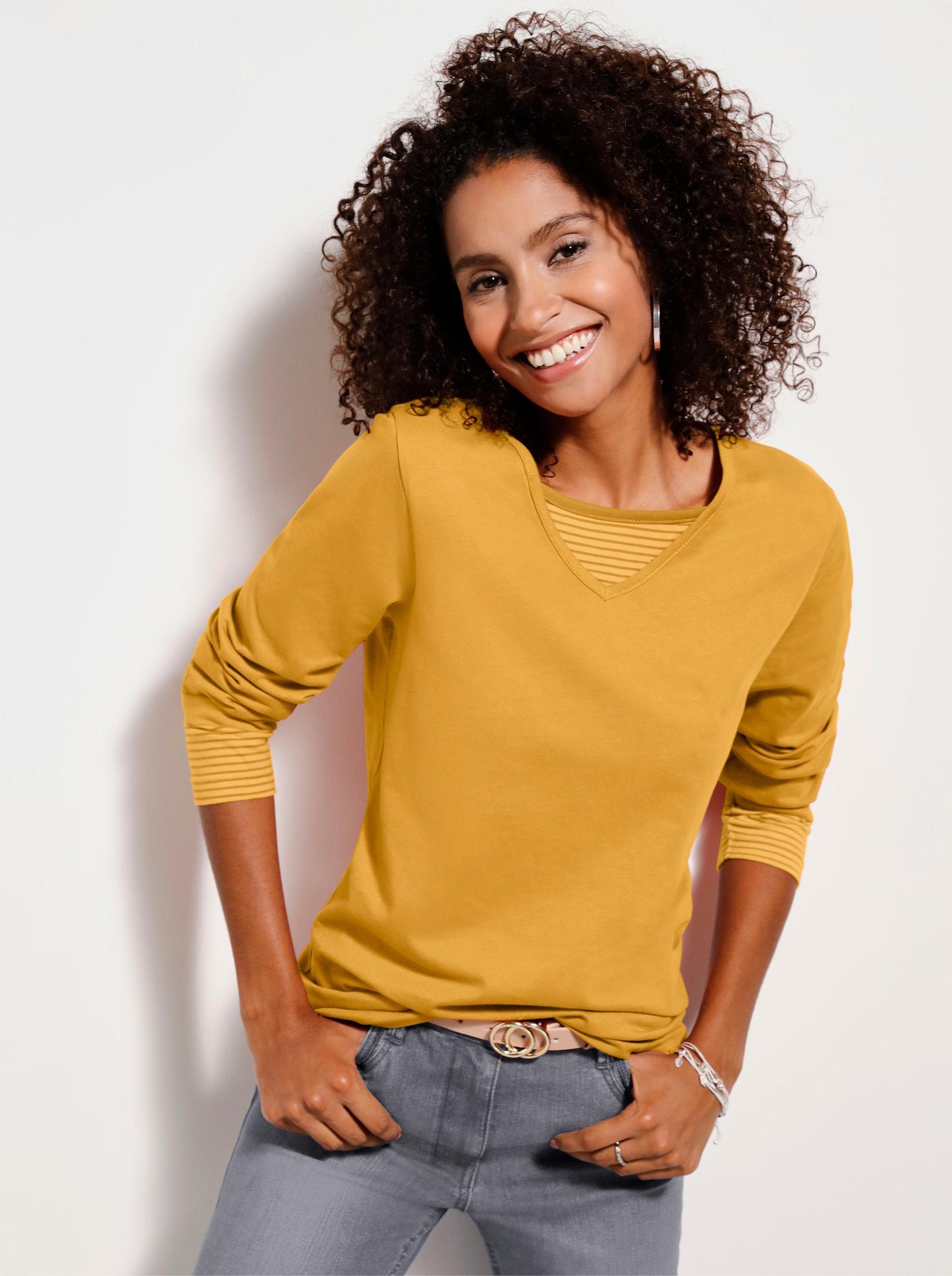 Langarmshirt mit garngefärbten Streifen - curry