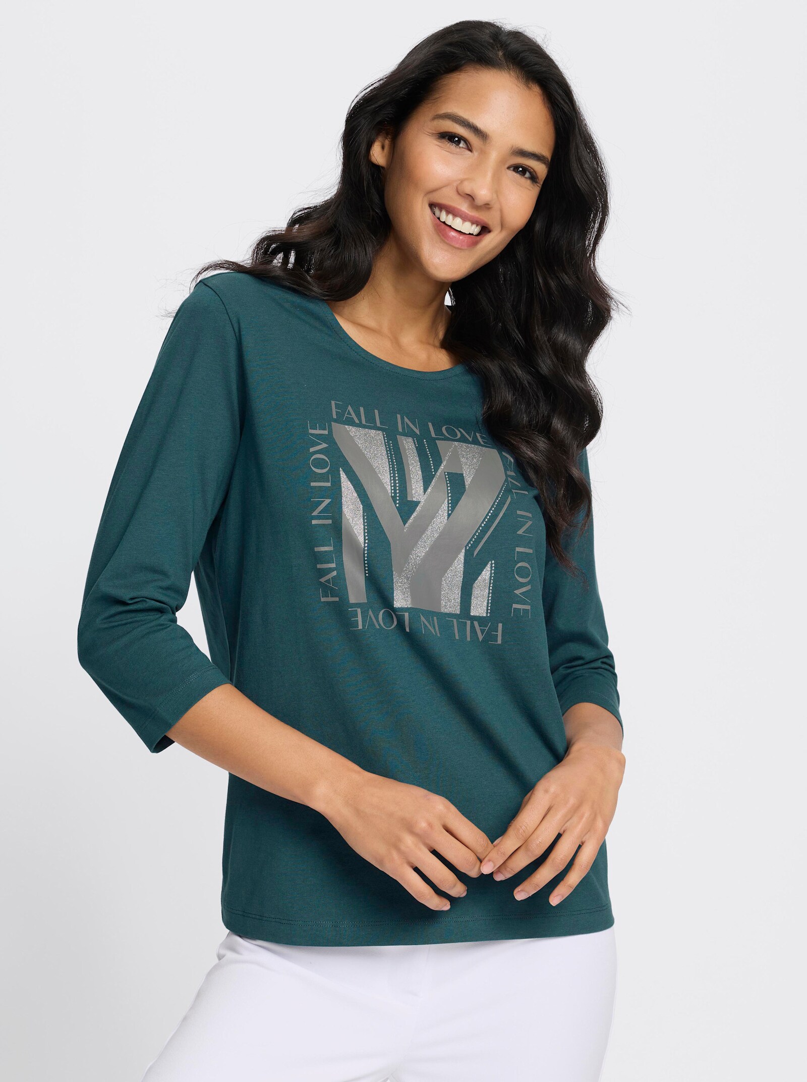 3/4-Arm-Shirt mit Glitzerdruck - petrol-grau