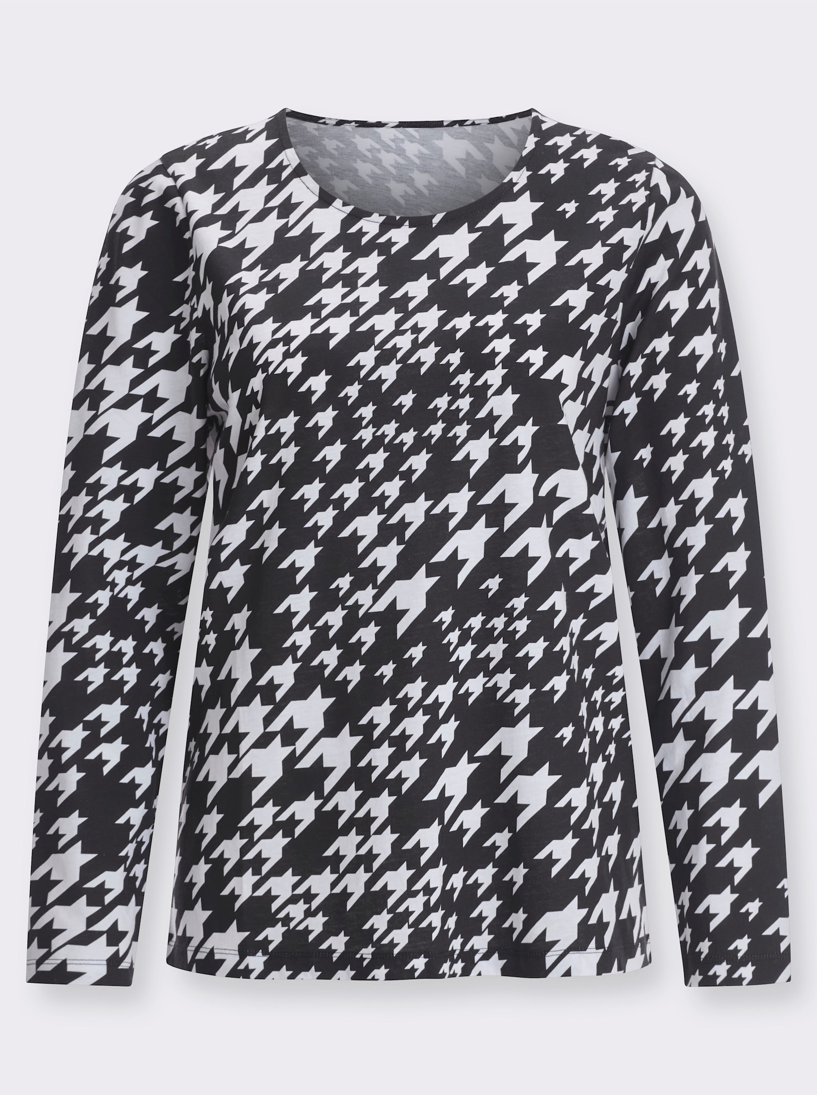 Langarmshirt im Hahnentritt-Muster - schwarz-weiss-bedruckt