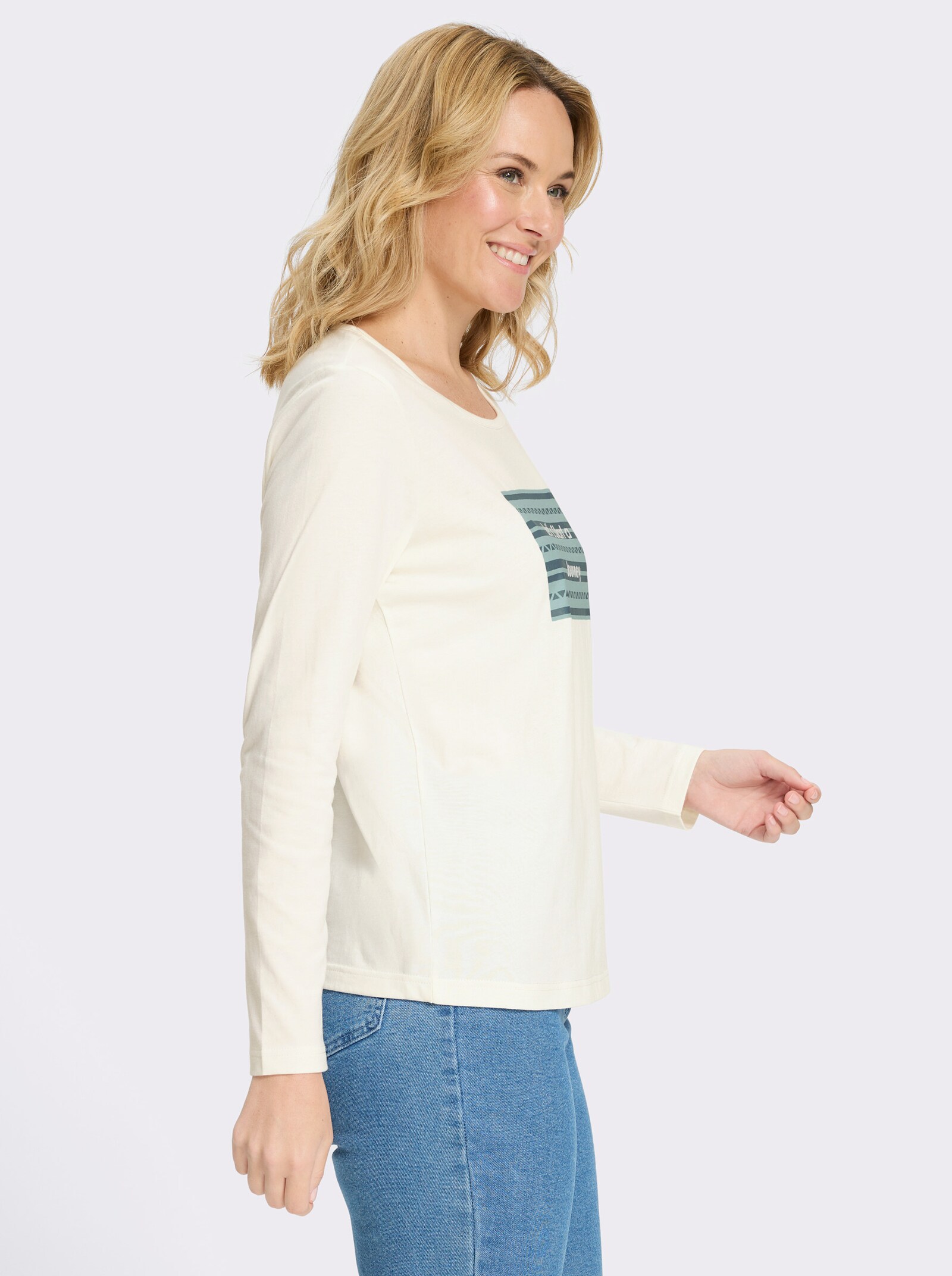 Rundhalsshirt mit Schriftzug - ecru-jade