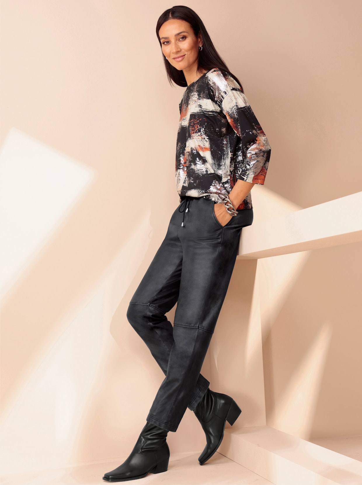 heine Shirt met ronde hals - zwart/roestrood bedrukt