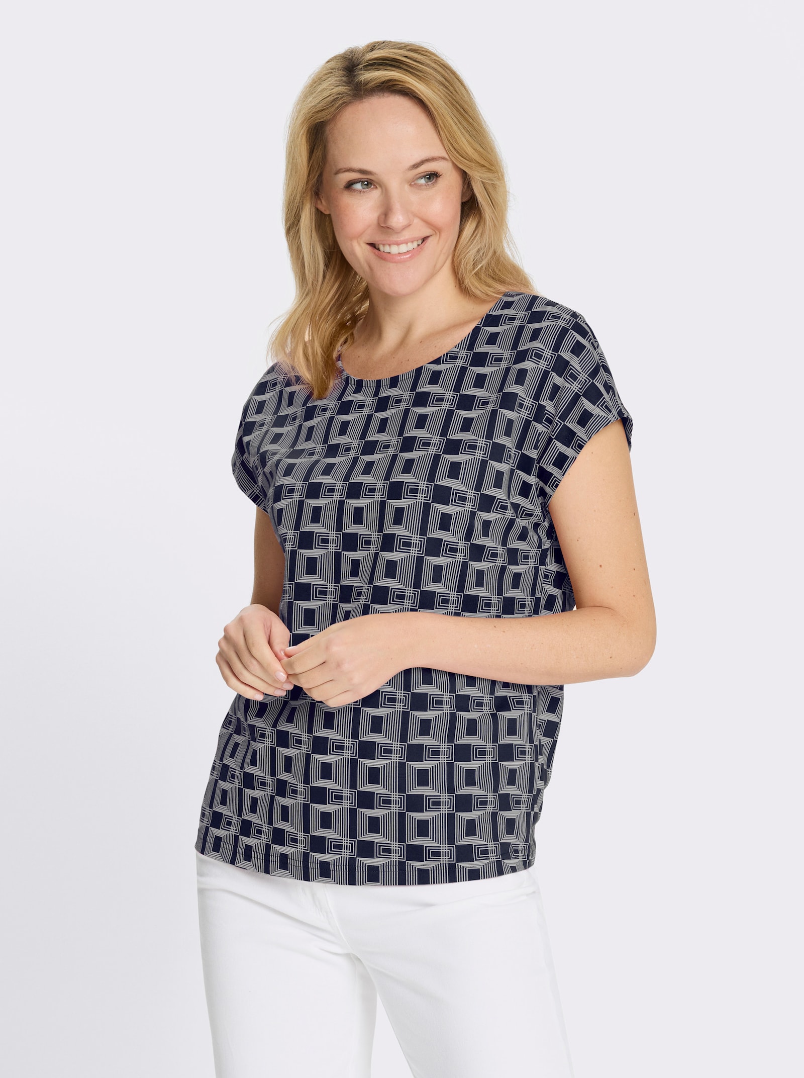 Kurzarmshirt mit grafischem Muster - marine-ecru-bedruckt