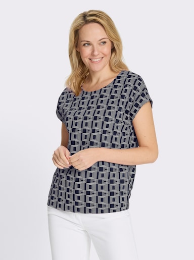 Kurzarmshirt mit grafischem Muster - marine-ecru-bedruckt