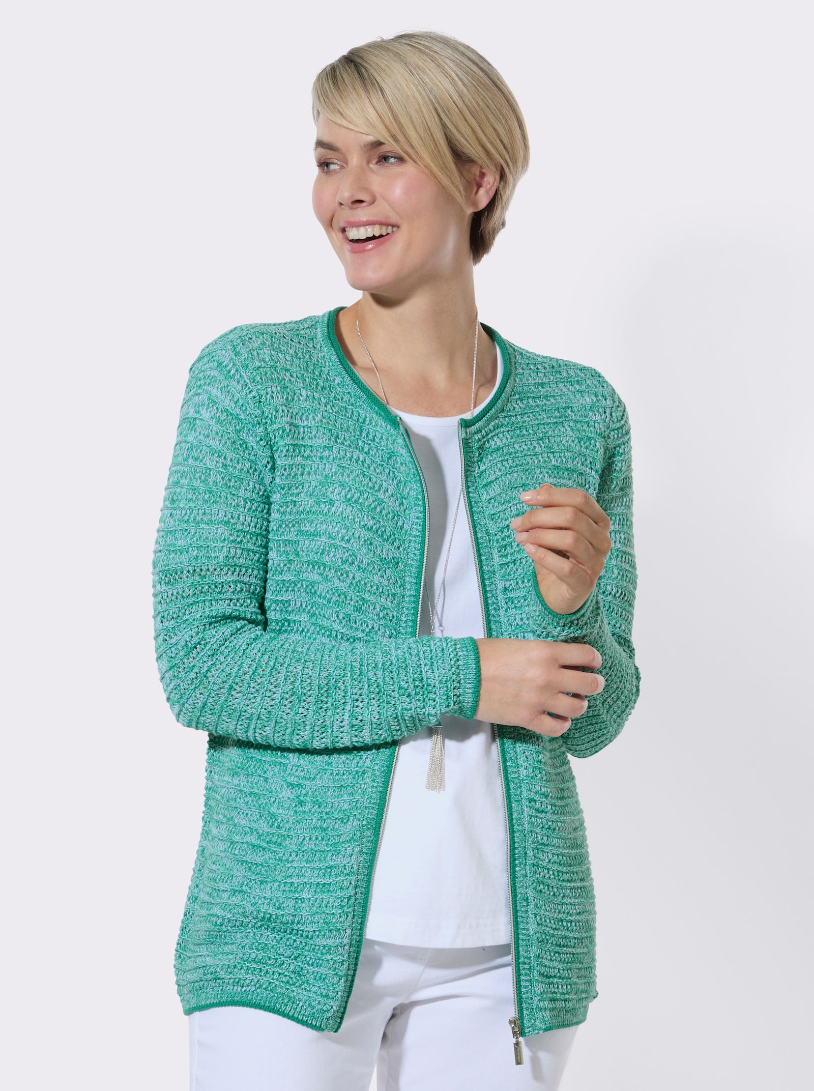 Strickjacke im Ajourmuster - smaragd-meliert