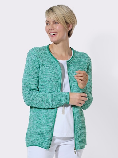 Strickjacke im Ajourmuster - smaragd-meliert