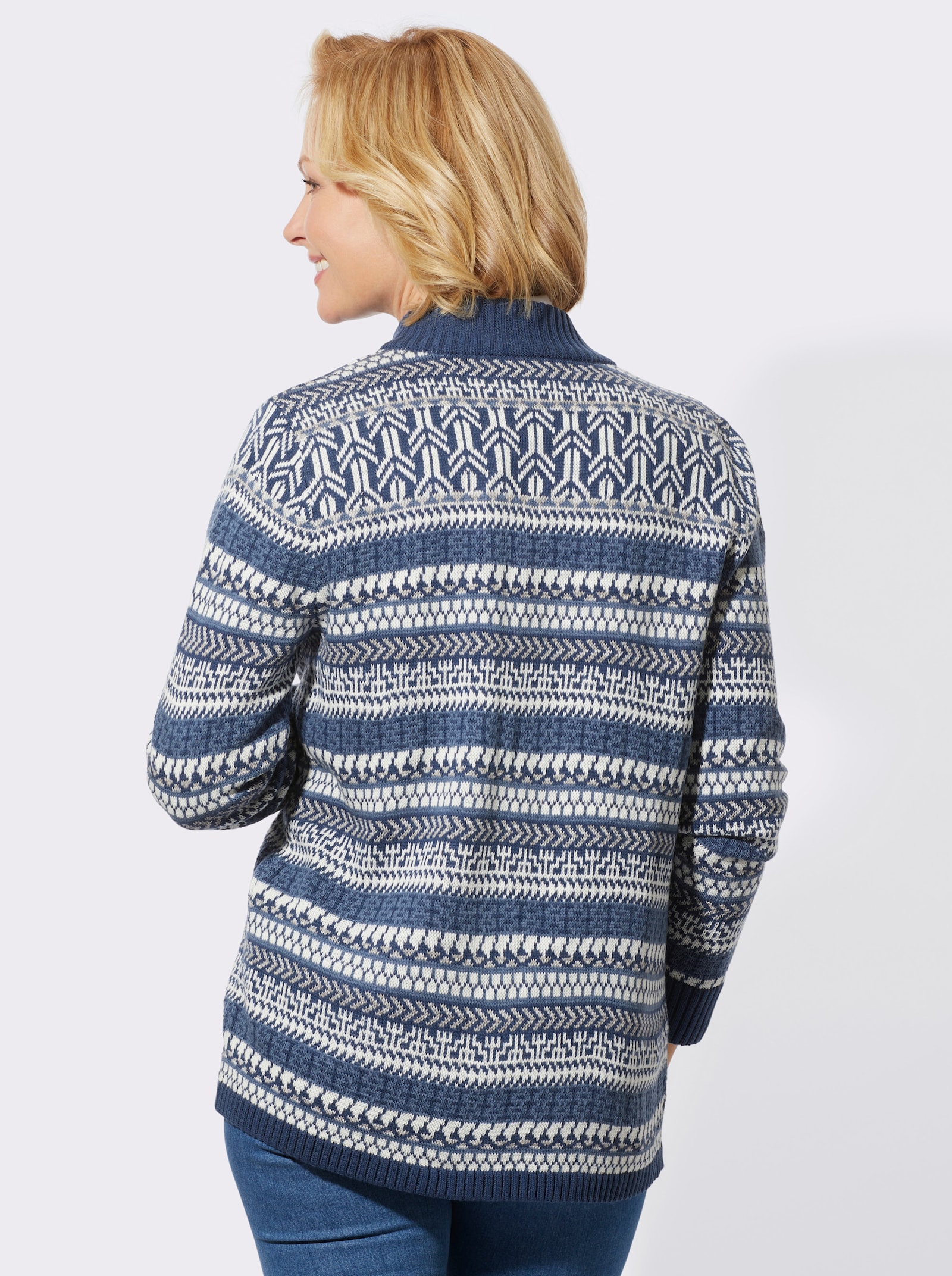Strickjacke mit Norweger-Muster - dunkelblau-ecru-gemustert