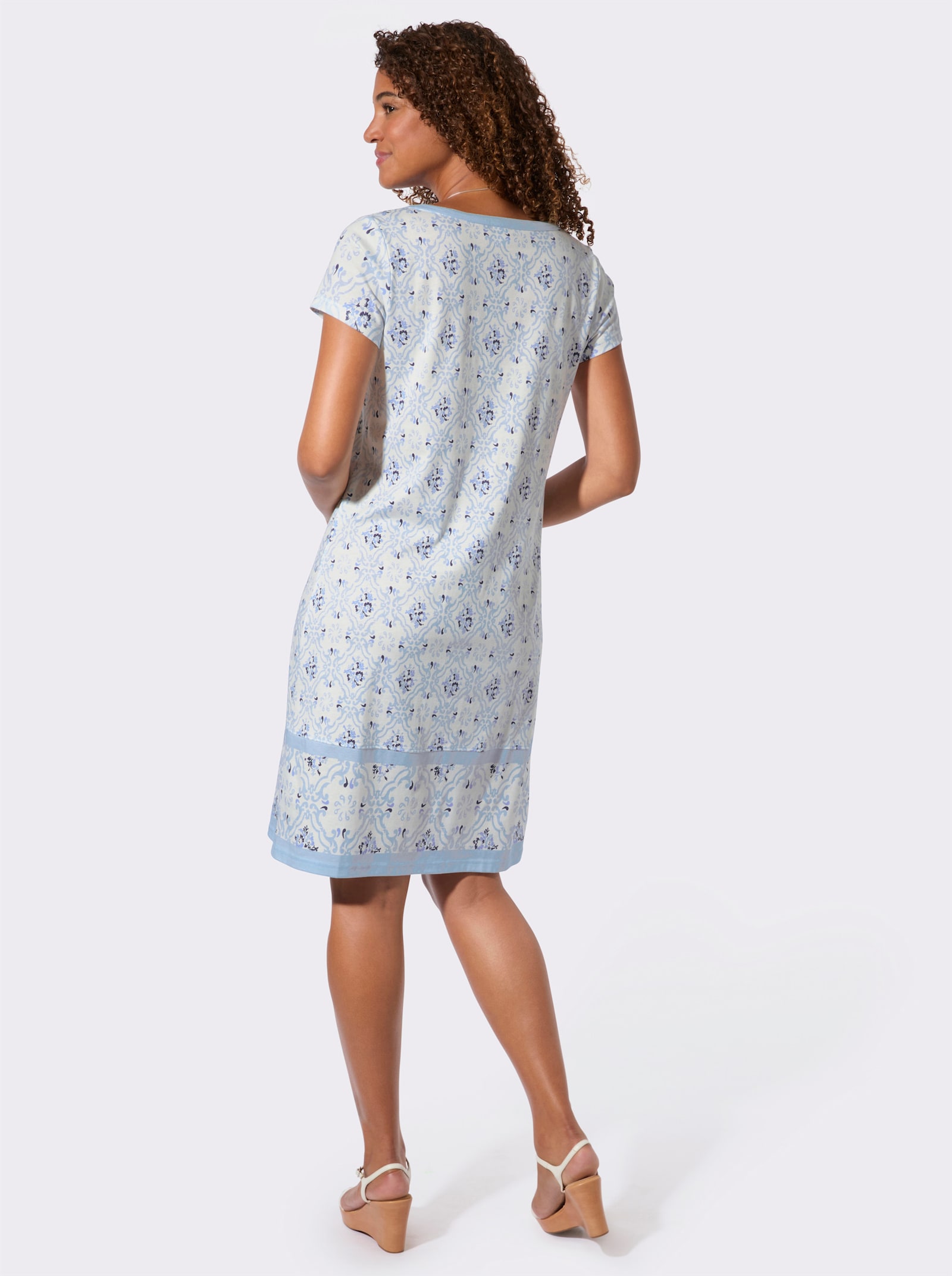 Jerseykleid in dezenter A-Form - ecru-dunkelblau-bedruckt