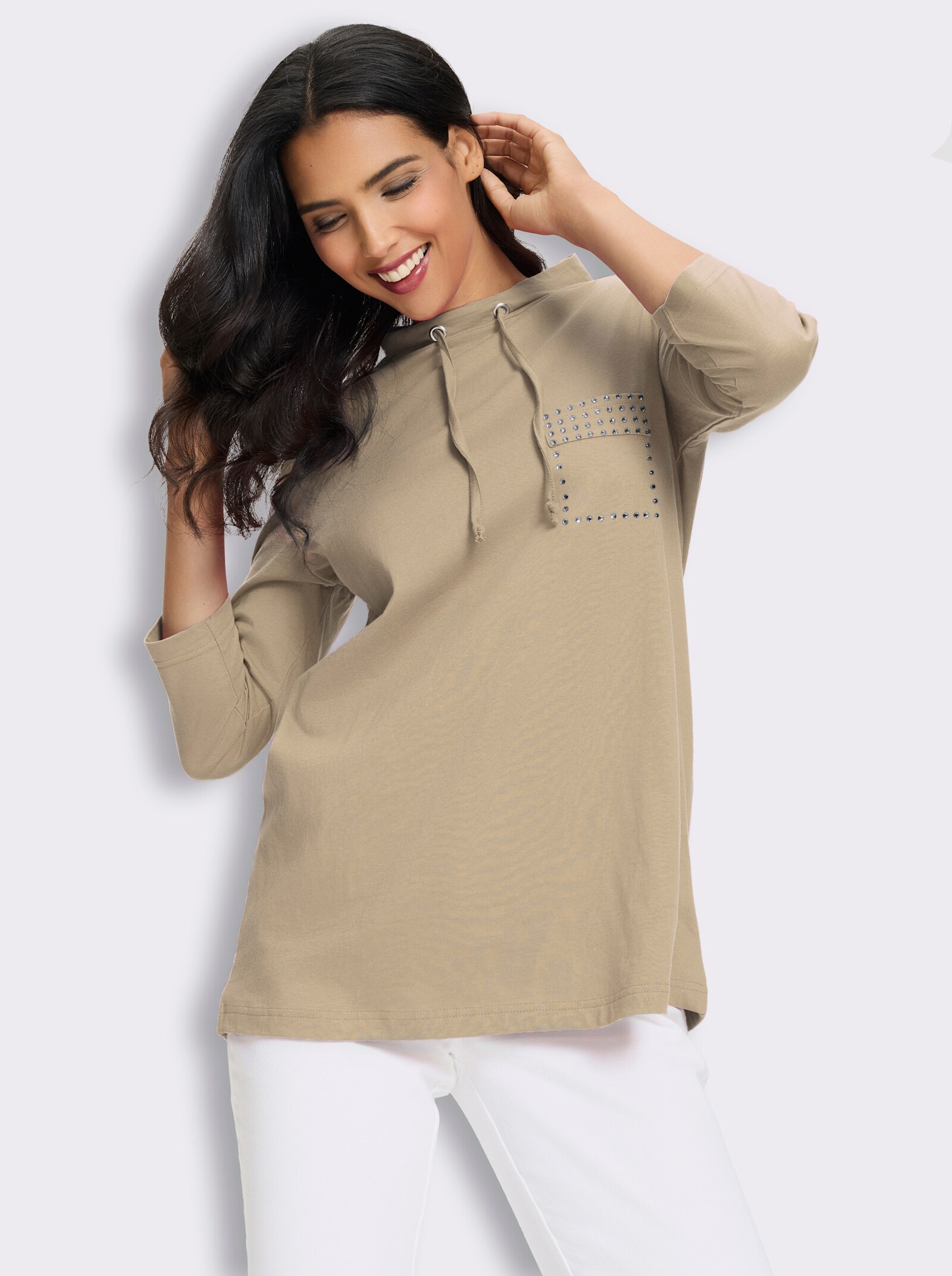 Longshirt mit Glitzersteinchen - beige