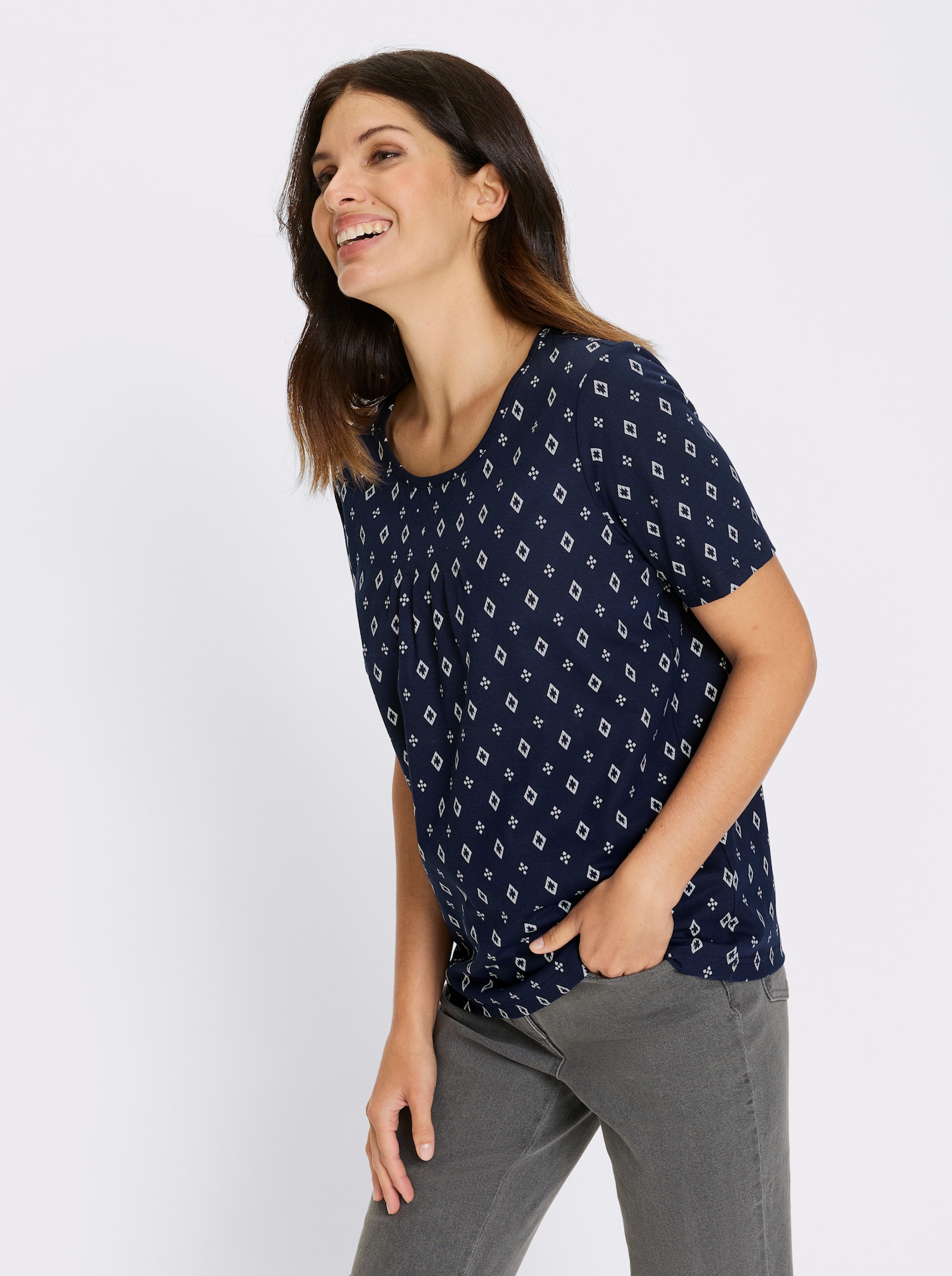 Kurzarmshirt im Minimal-Muster - marine-weiss-bedruckt