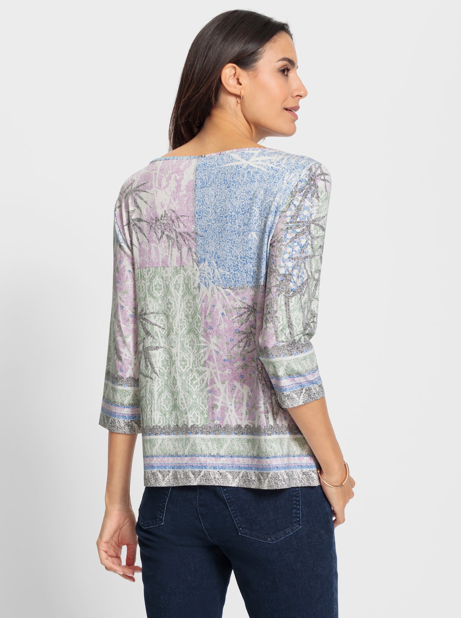 3/4-Arm-Shirt mit Bordürendruck - ecru-eucalyptus-bedruckt