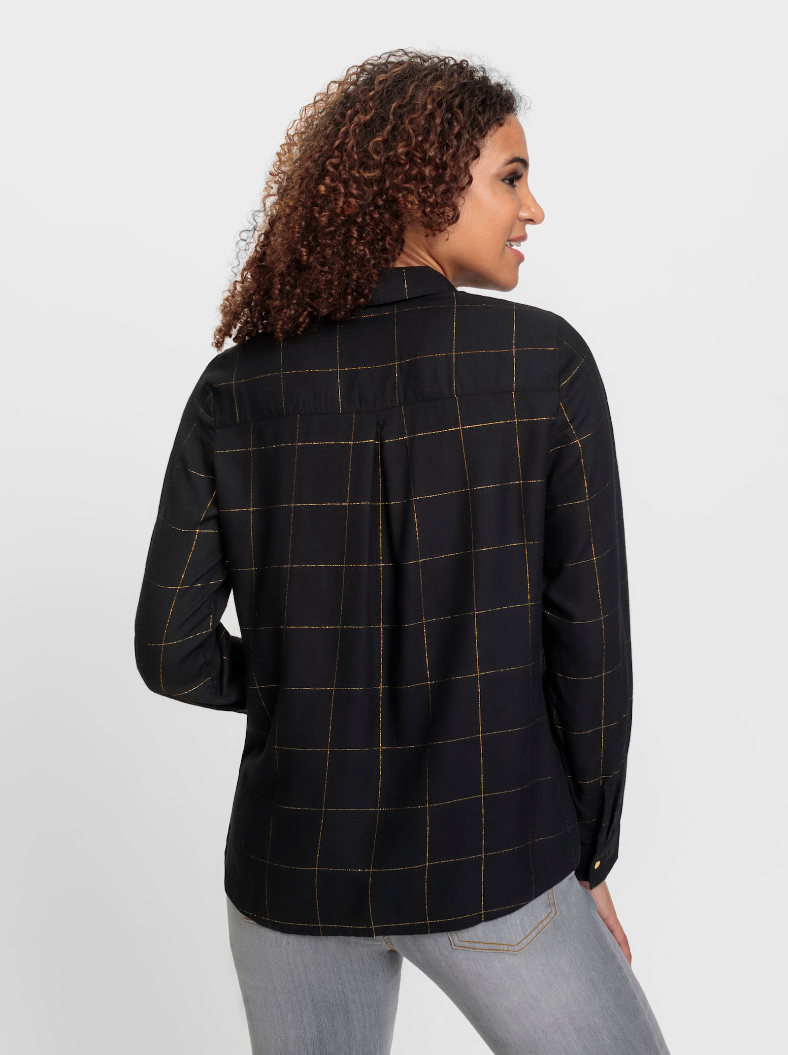 Langarm-Bluse mit Effektgarn - schwarz-goldfarben-kariert