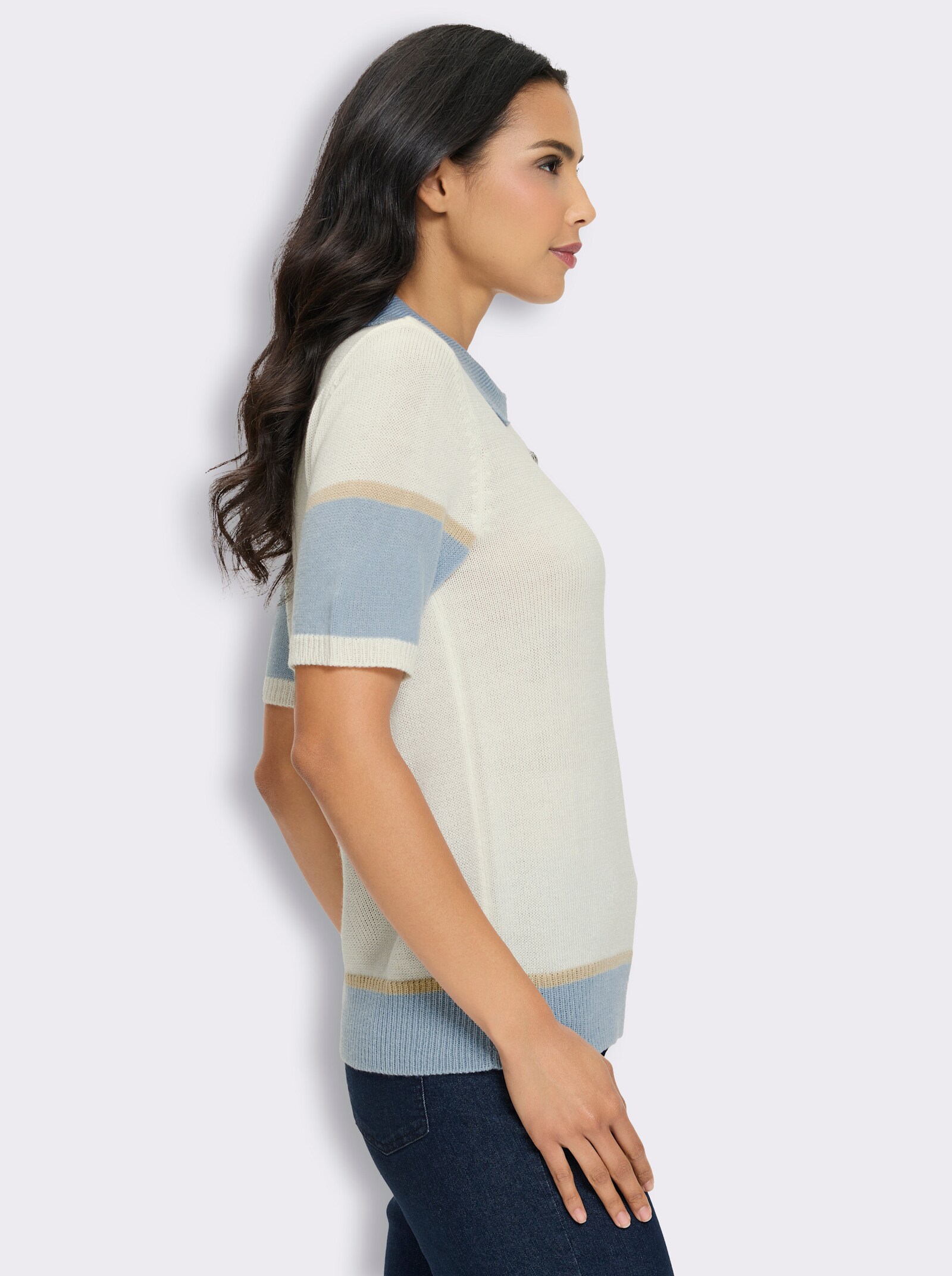 Polopullover mit silberfarbenen Schmuckknöpfen - ecru-hellblau-gemustert