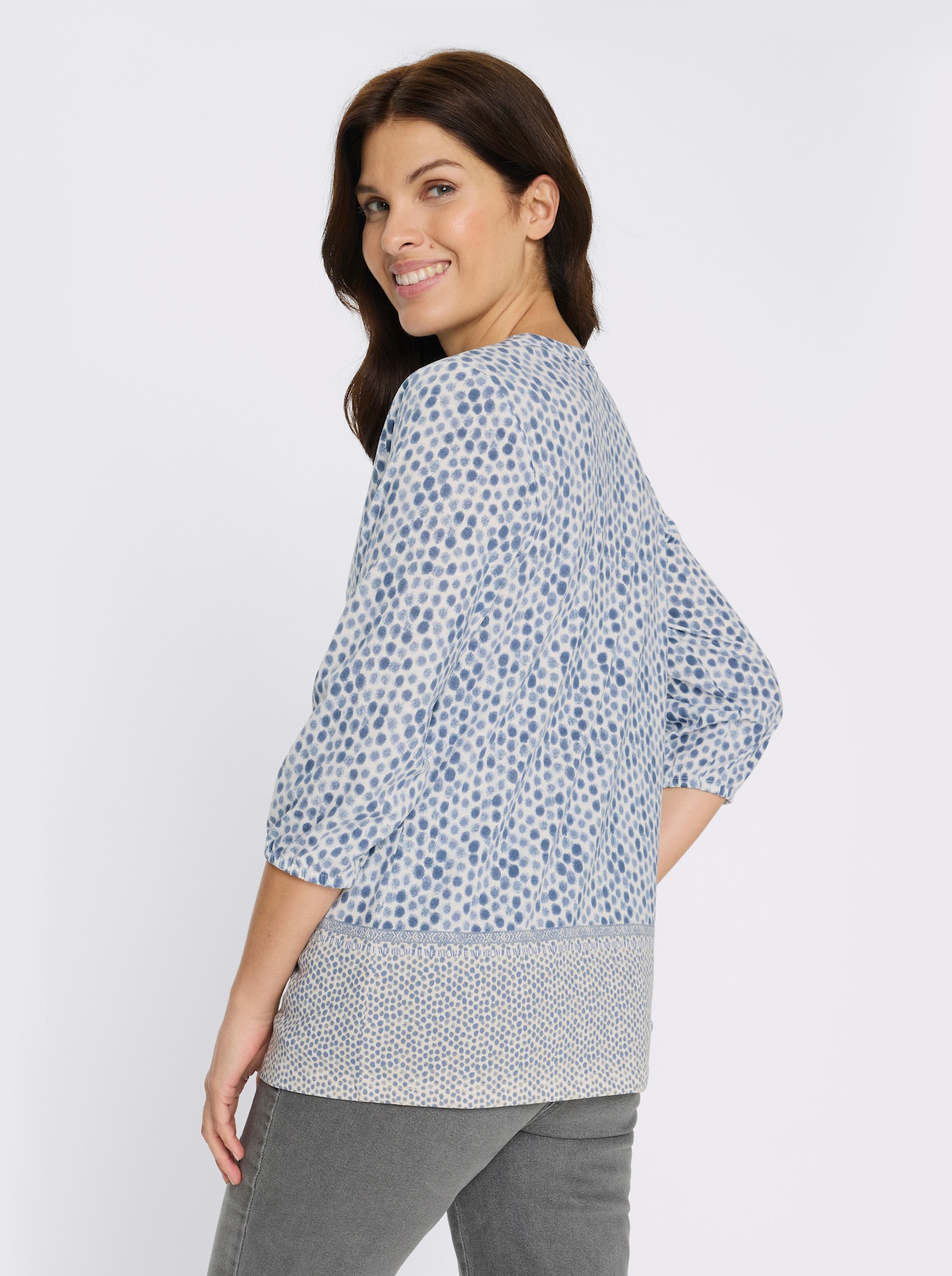 3/4-Arm-Shirt mit Fake-Bordüre - rauchblau-ecru-bedruckt