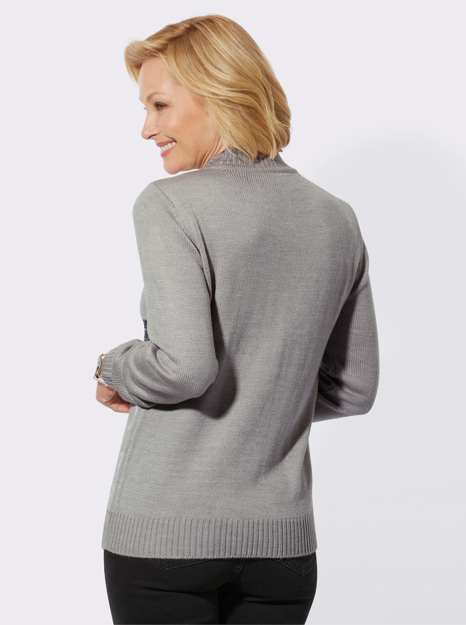 Stehkragenpullover mit Intarsienmuster - steingrau-meliert