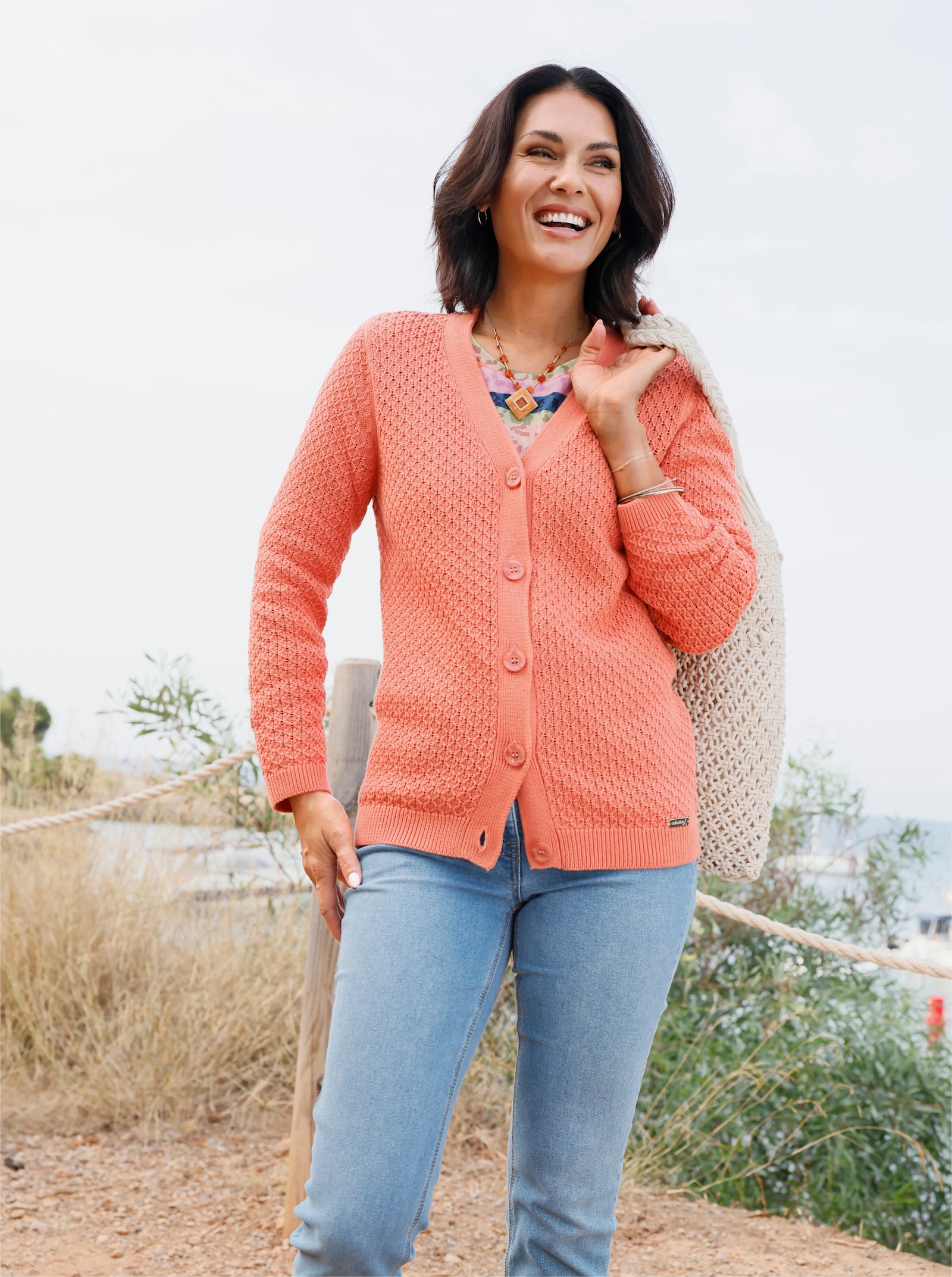 Strickjacke mit Rautenmuster - papaya