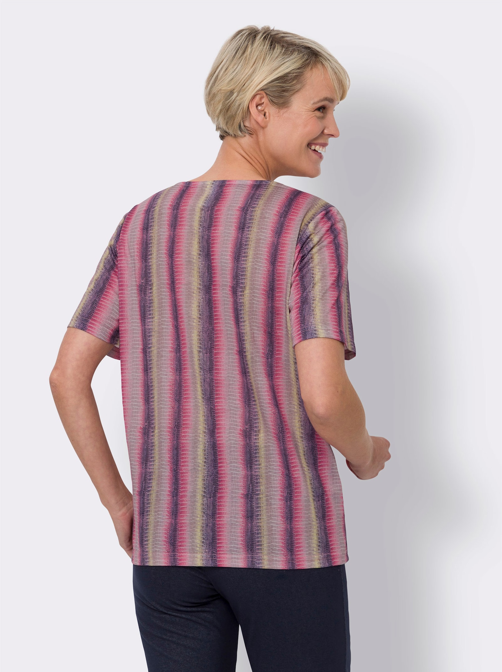 Kurzarmshirt mit Längsstreifen - pink-limone-bedruckt