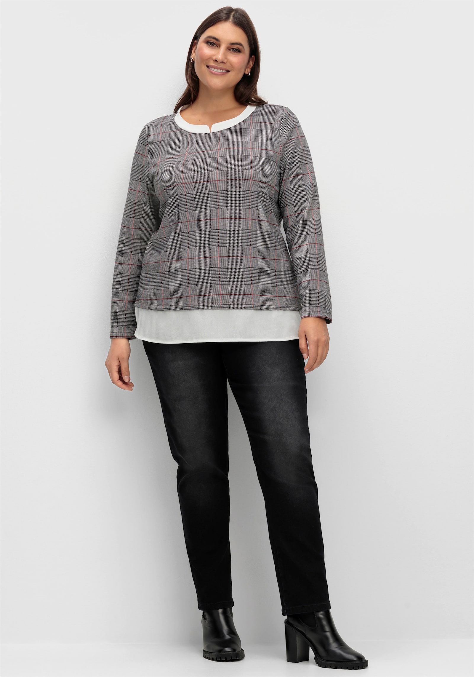 2-in-1-Shirt aus formstabilem Jersey - schwarz-rot-kariert