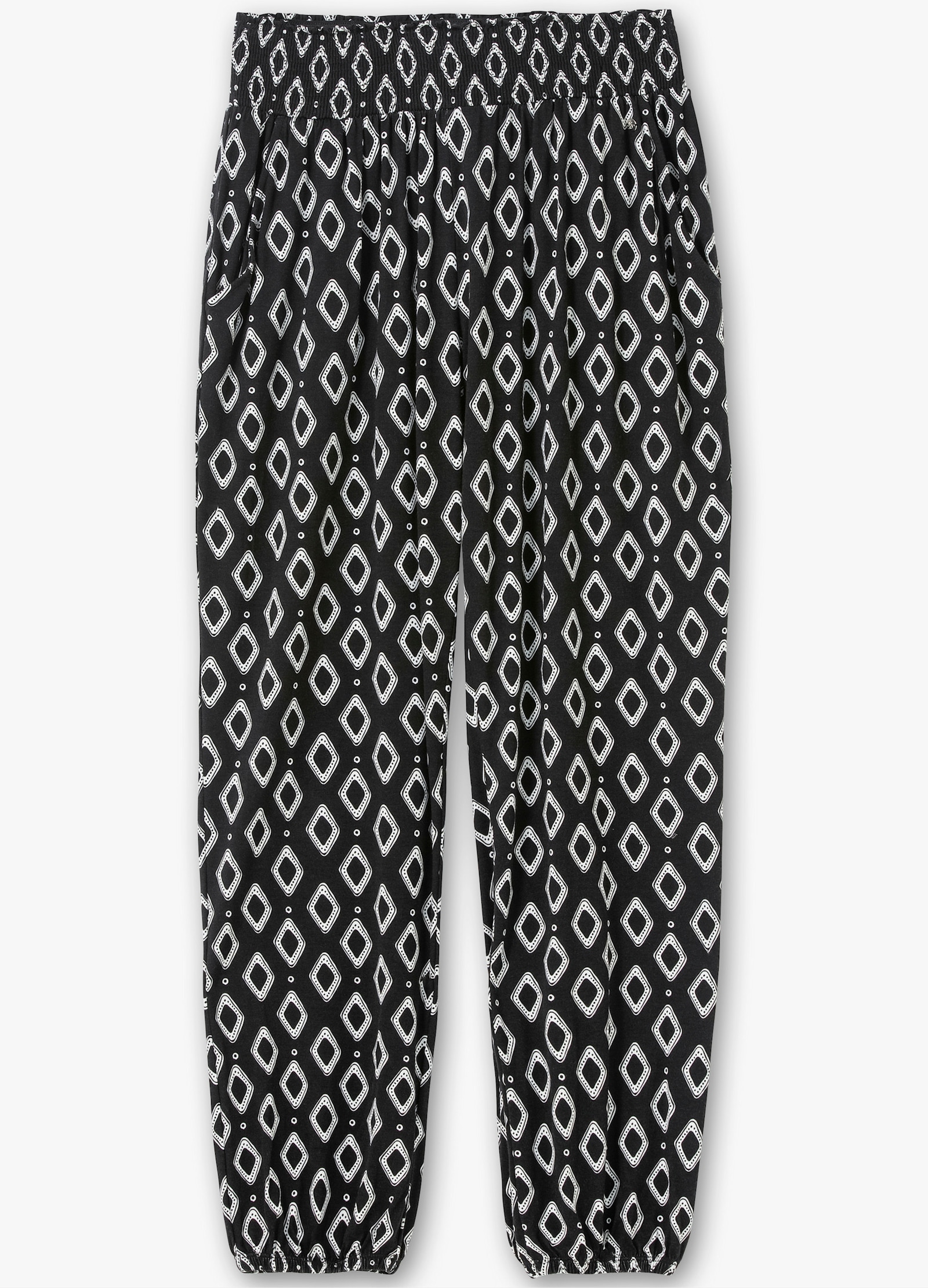 sheego Jogpants met print rondom - zwart gedessineerd