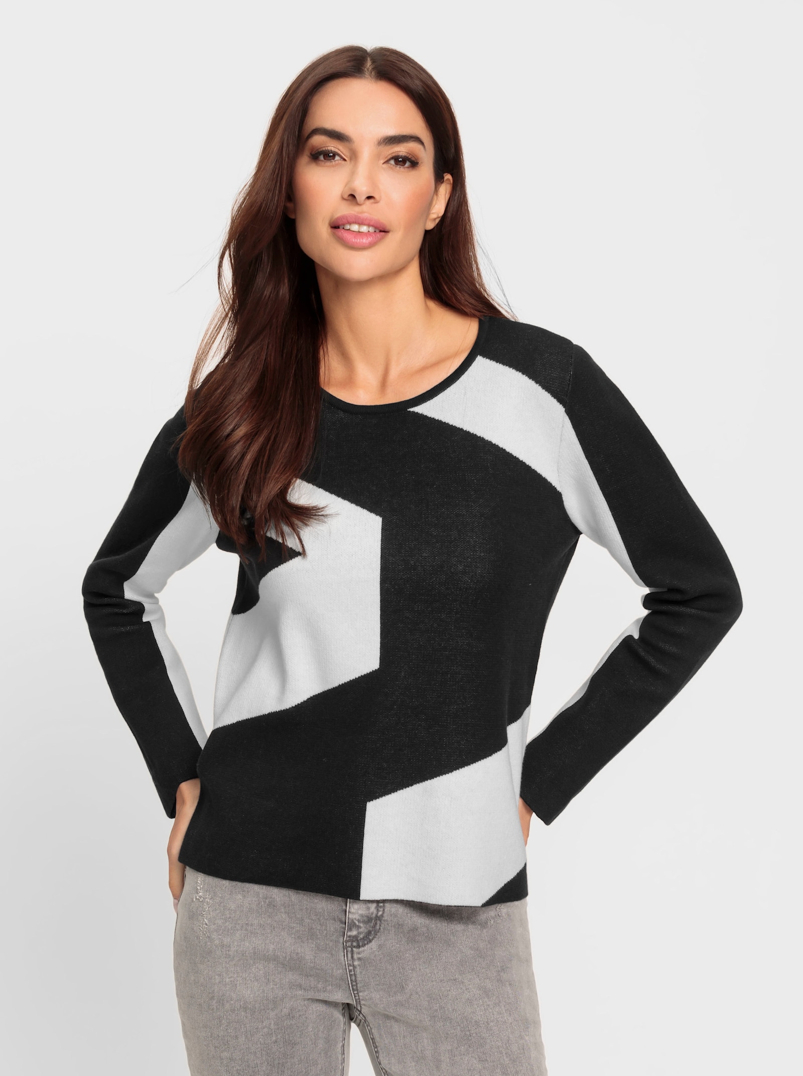 heine Rundhalspullover mit Intarsienstrick - schwarz-ecru-gemustert