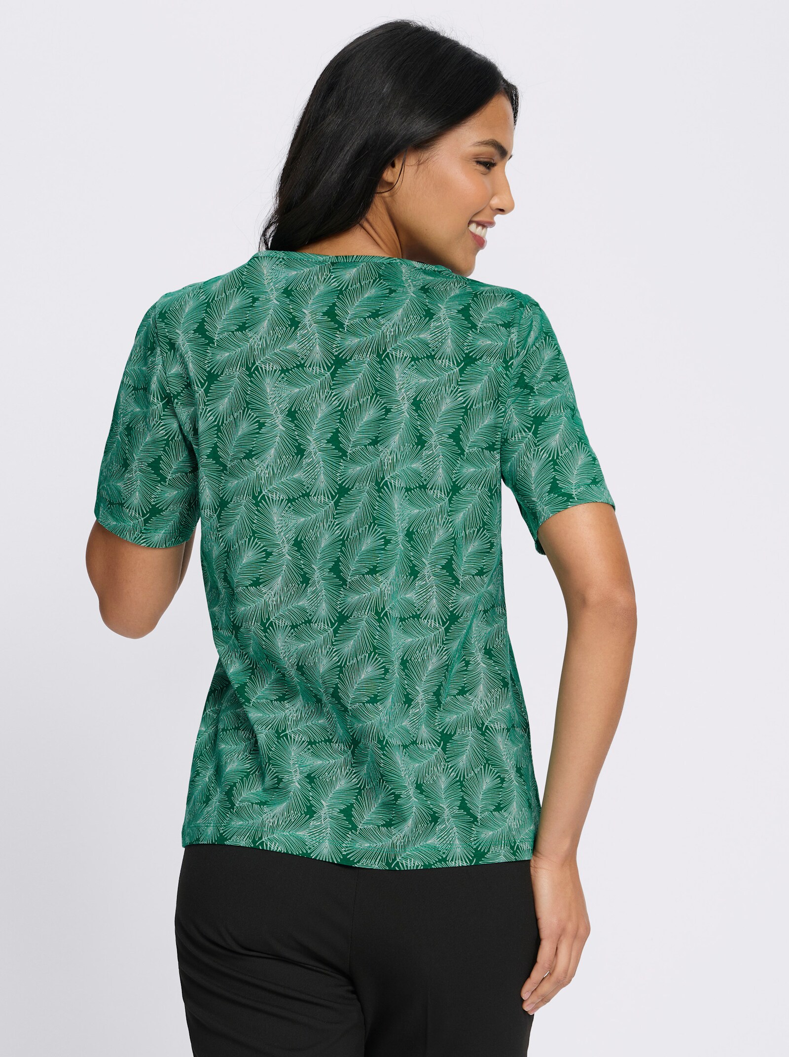 Kurzarmshirt mit Bindeband - grün-ecru-bedruckt