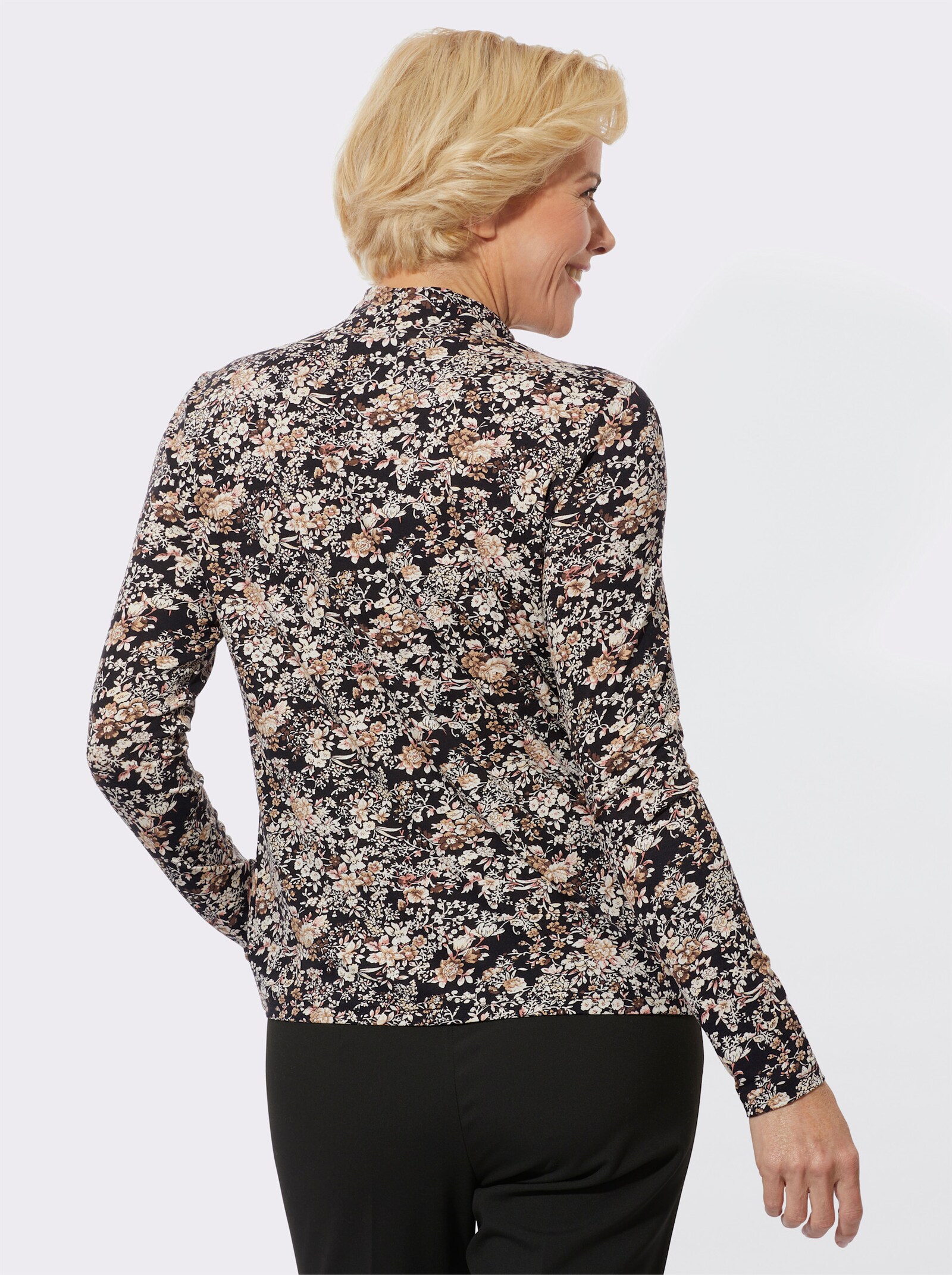 Stehkragenshirt im Blümchenmuster - camel-schwarz-bedruckt