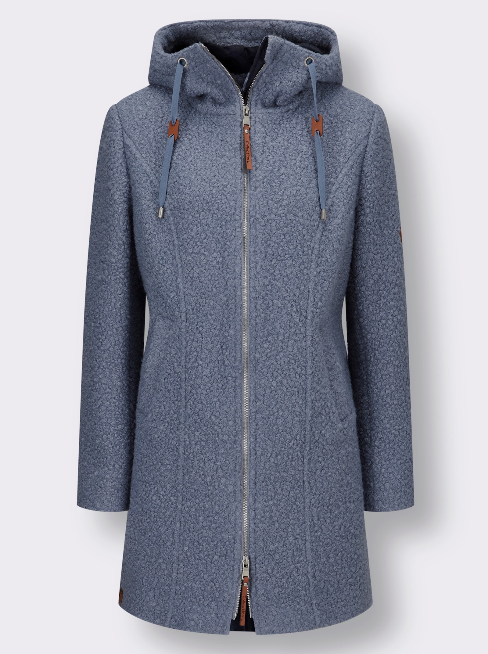 Boucléjack met details van imitatieleer - duivenblauw