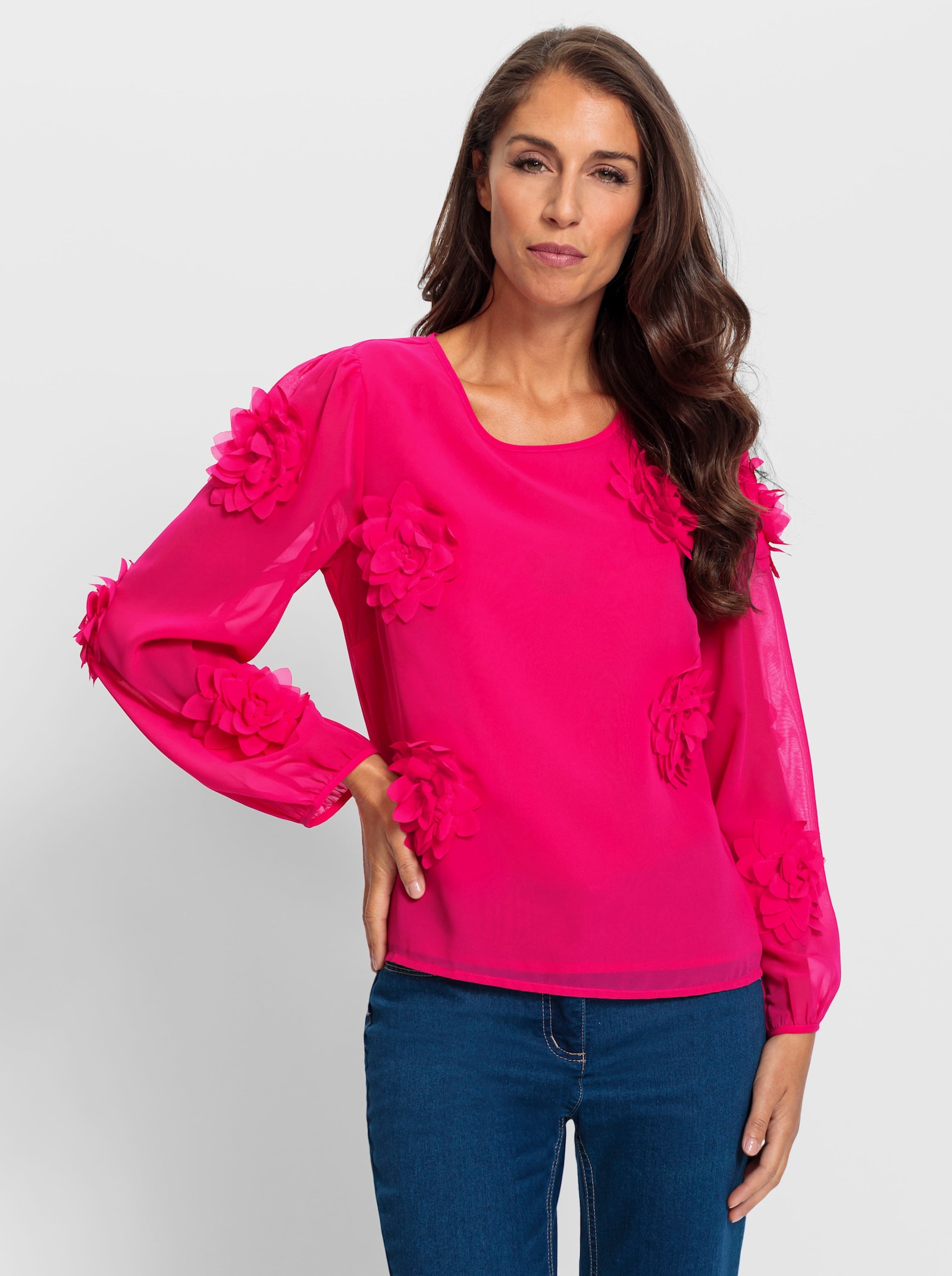 heine Langarm-Bluse mit Blüten-Applikationen - pink