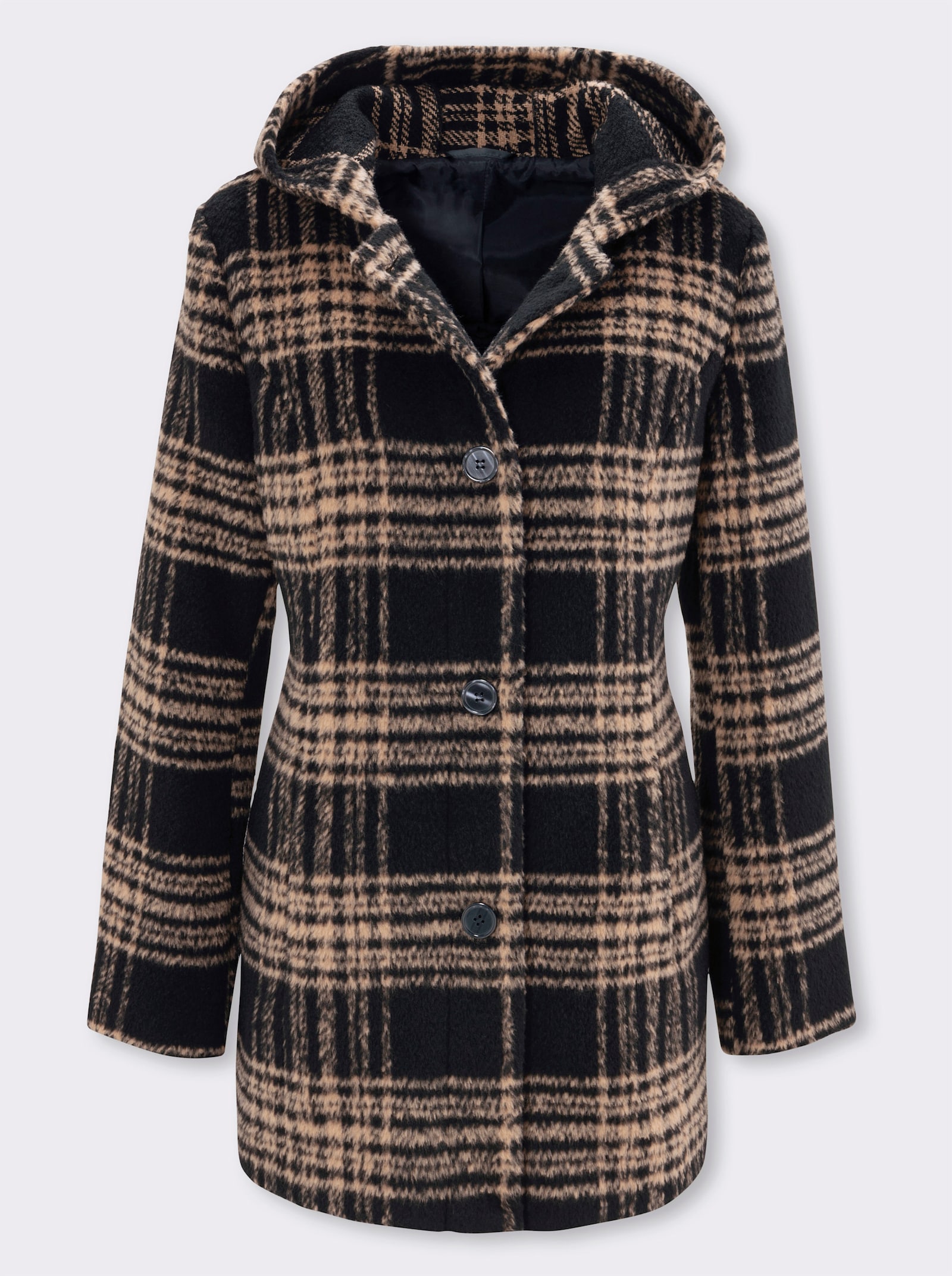 Outdoorjacke in schmeichelnder Longform - schwarz-camel-kariert