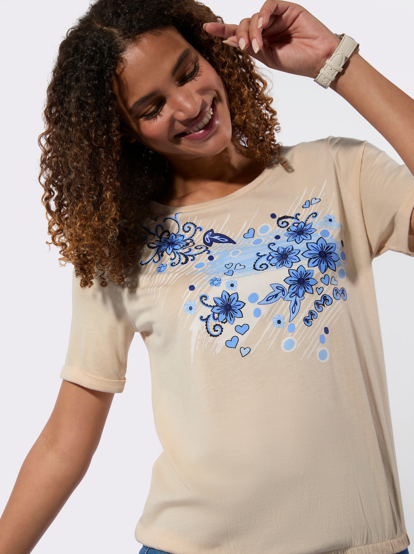 Kurzarmshirt - elfenbein-royalblau-bedruckt